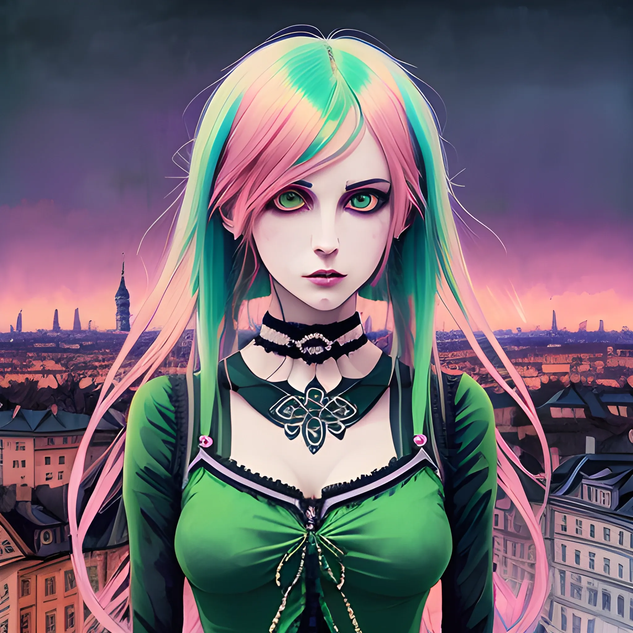 An image of a green hair slavic woman wearing choker in a manga art, anime style character  red and sillver colors,  true aesthetics, casual fashion shot of a beautiful modern woman posing in front of a psychedelic art nouveau style. classy style polish female, full figure, fit, ellegant tight pink costume, miniskirt,  legs,  choker, cross, long hair, classy,  beautiful faces, manga eyes, open mouth,  Warsaw city in the background, dark night, art by Greg Rutkowski, acrylic, high contrast, colorful polychromatic, ultra detailed, ultra quality, CGSocietyHighly detailed, highest quality, 3D, Trippy