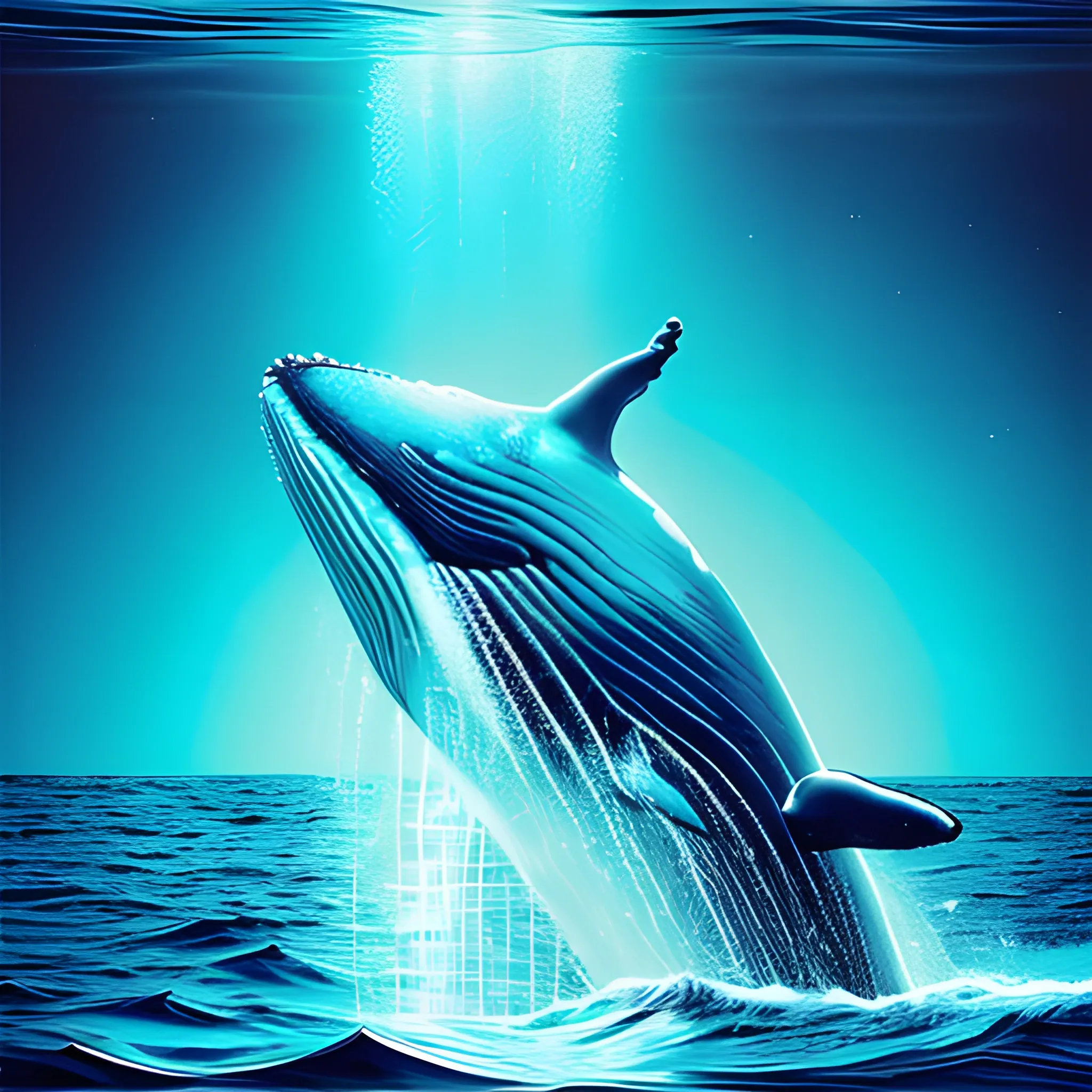 whale swimming in the dark ocean, cyan sparkles, shinny