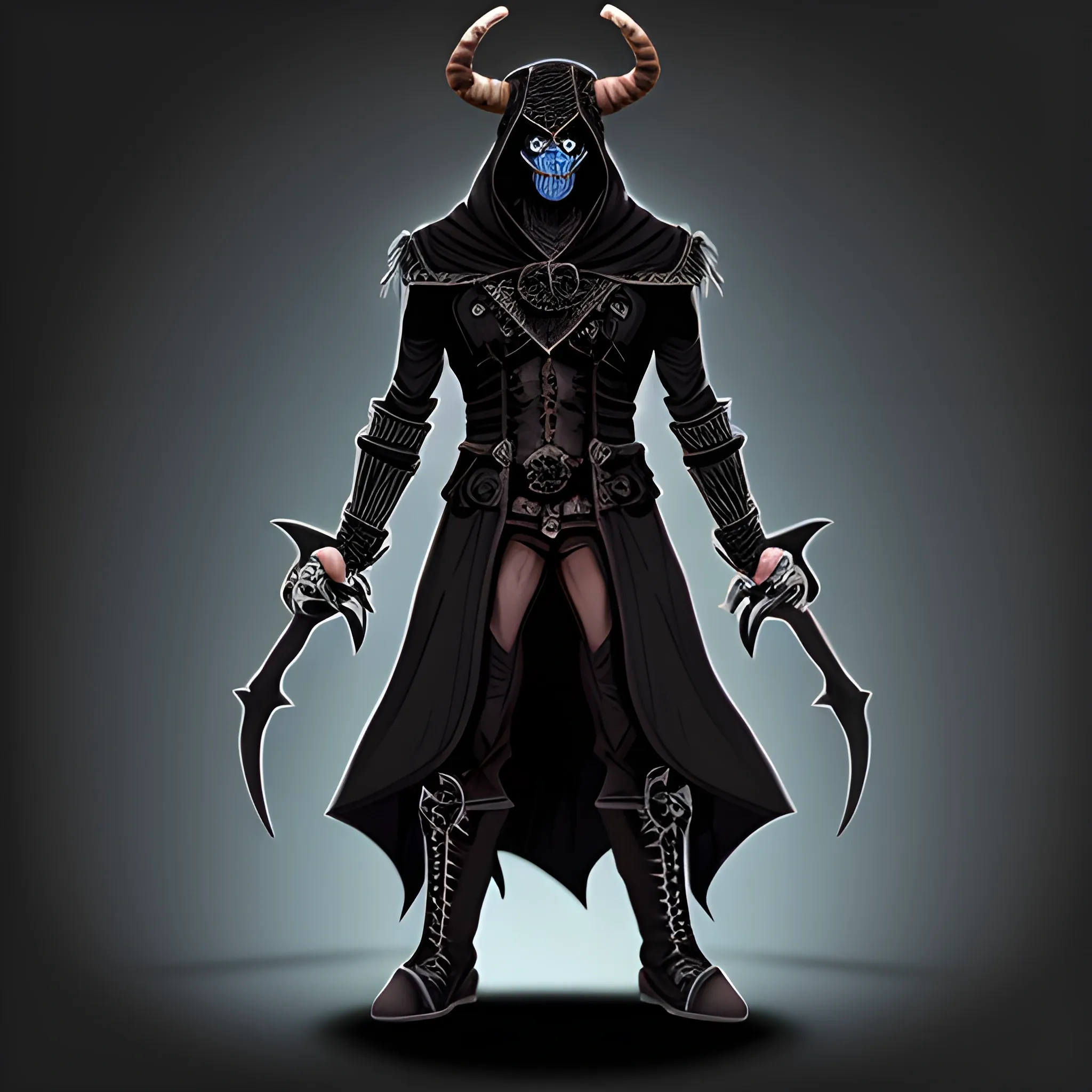 necromancer, Minotaur, hood, black clothes, overcoat, dark mask, full body, Cartoon