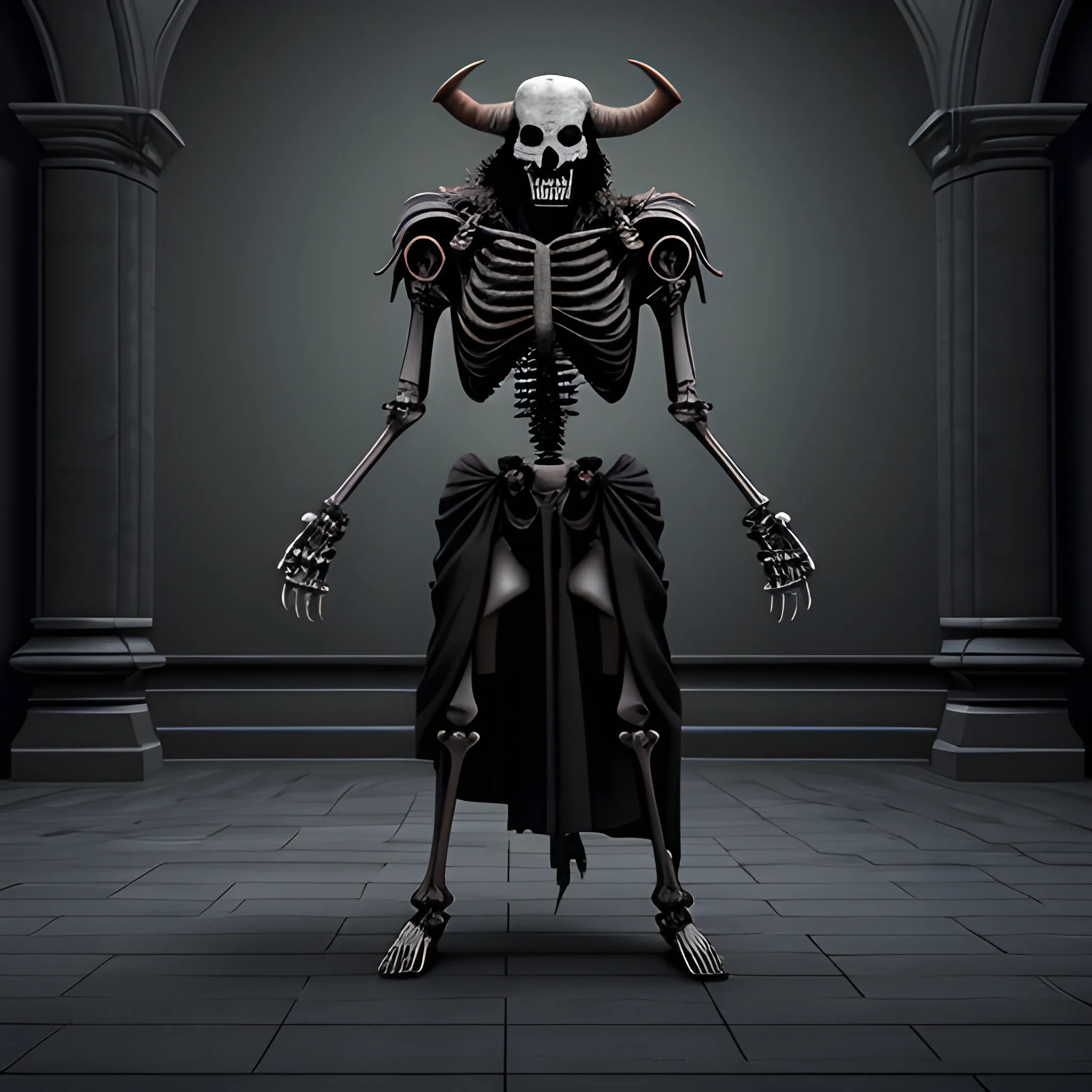 necromancer,  Minotaur skeleton in black robes, full body view, 8k, high resolution, high quality, photorealistic

