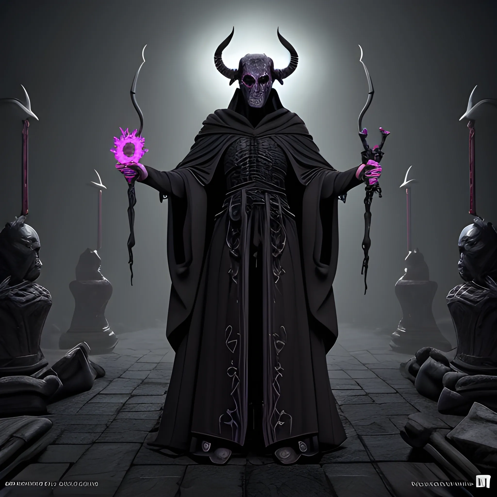 necromancer, horns,  black robes, full body view, 8k, high resolution, high quality, photorealistic

