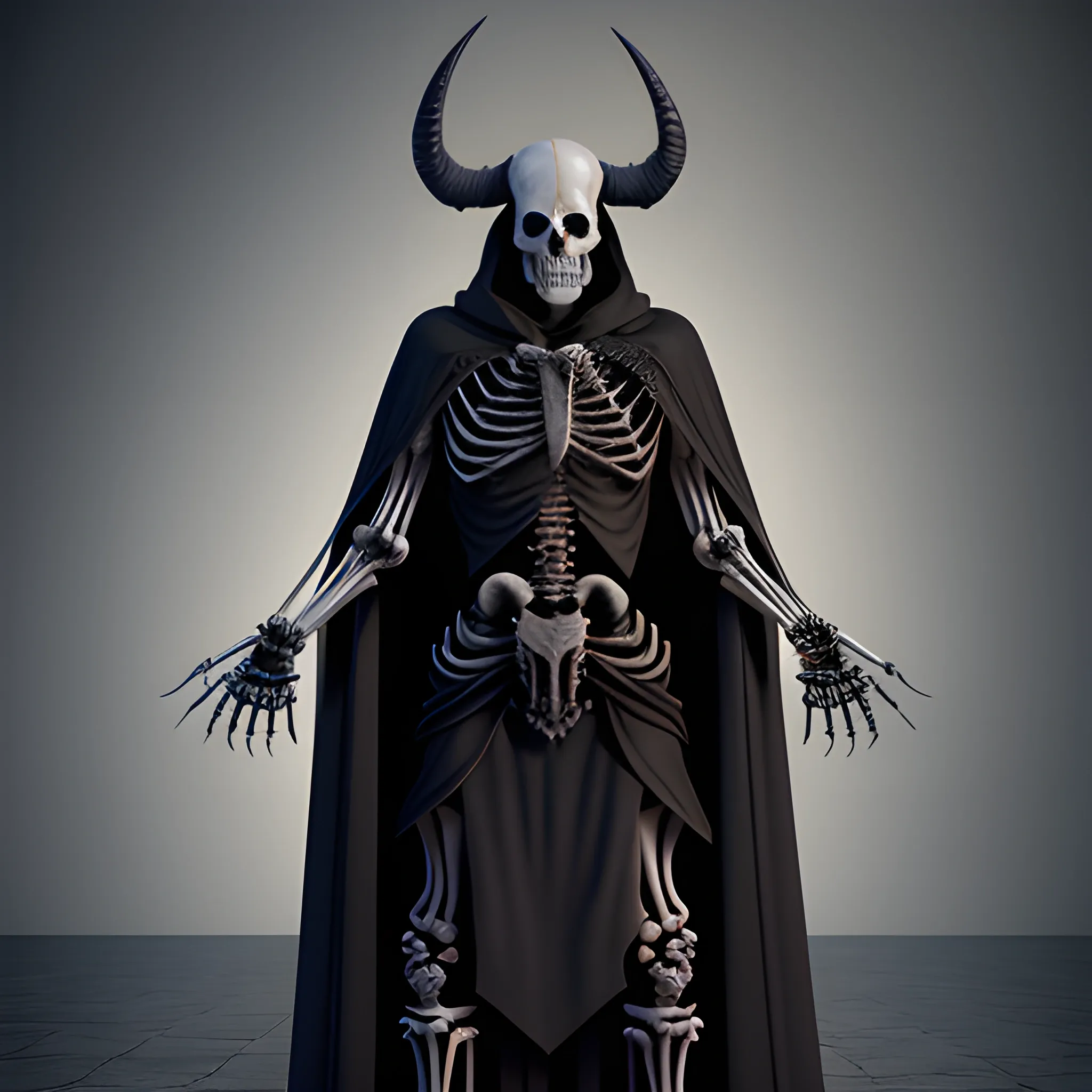 necromancer,skeleton, horns, black robes, full body view, 8k, high resolution, high quality, photorealistic

