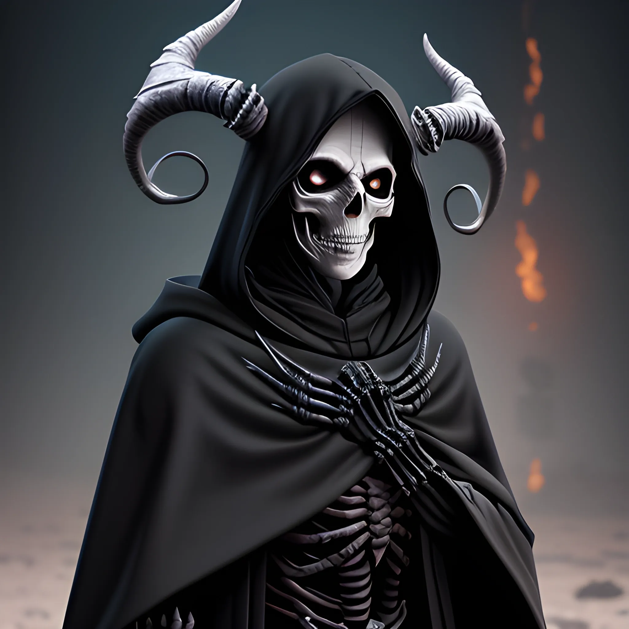 necromancer,skeleton, horns, black robes, hood, black clothes, overcoat, dark mask, full body view, 8k, high resolution, high quality, photorealistic

