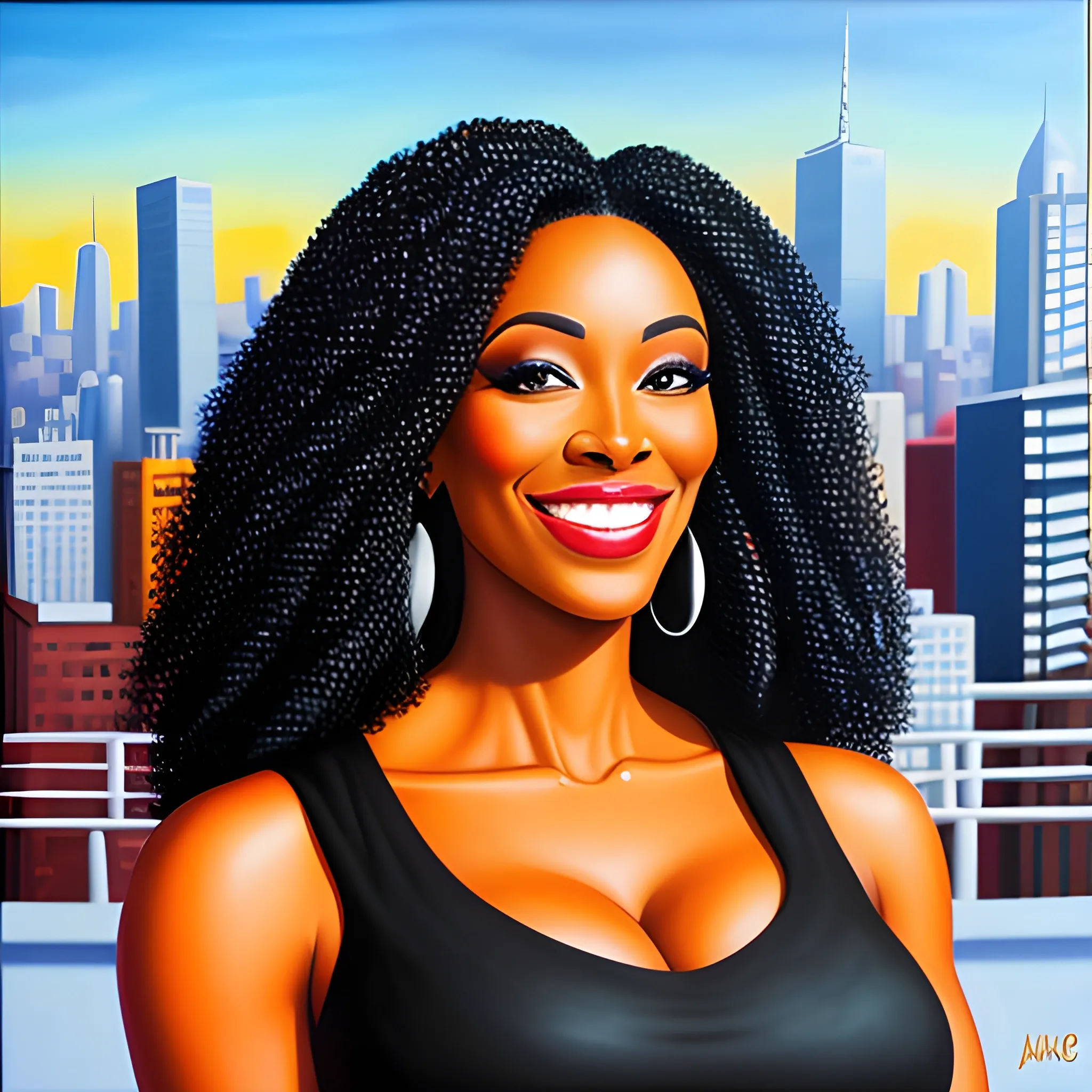  A stunning image of a young black woman with a radiant smile, set against a vibrant cityscape background , Oil Painting