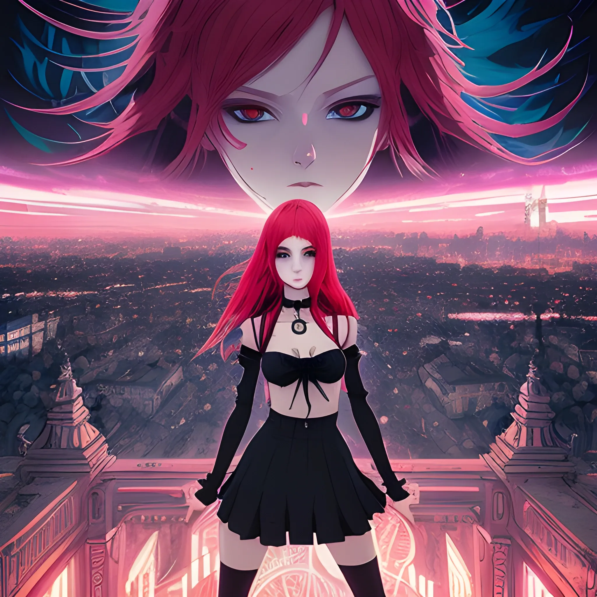 An image of red hair slavic woman wearing choker in a manga art, anime style character  red and sillver colors,  true aesthetics, casual fashion shot of a beautiful modern woman posing in front of a psychedelic art nouveau style. classy style polish female, full figure, fit, ellegant tight pink costume, miniskirt,  legs,  choker, cross, long hair, classy,  beautiful faces, manga eyes, open mouth,  Warsaw city in the background, dark night, art by Greg Rutkowski, acrylic, high contrast, colorful polychromatic, ultra detailed, ultra quality, CGSocietyHighly detailed, highest quality, 3D, Trippy