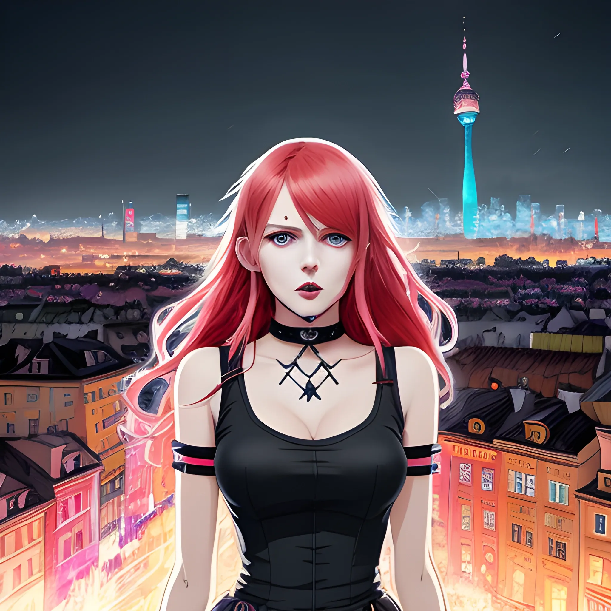 An image of red hair slavic woman wearing choker in a manga art, anime style character  red and sillver colors,  true aesthetics, casual fashion shot of a beautiful modern woman posing in front of a psychedelic art nouveau style. classy style polish female, full figure, fit, ellegant tight pink costume, miniskirt,  legs,  choker, cross, long hair, classy,  beautiful faces, manga eyes, open mouth,  Warsaw city in the background, dark night, art by Greg Rutkowski, acrylic, high contrast, colorful polychromatic, ultra detailed, ultra quality, CGSocietyHighly detailed, highest quality, 3D, Trippy