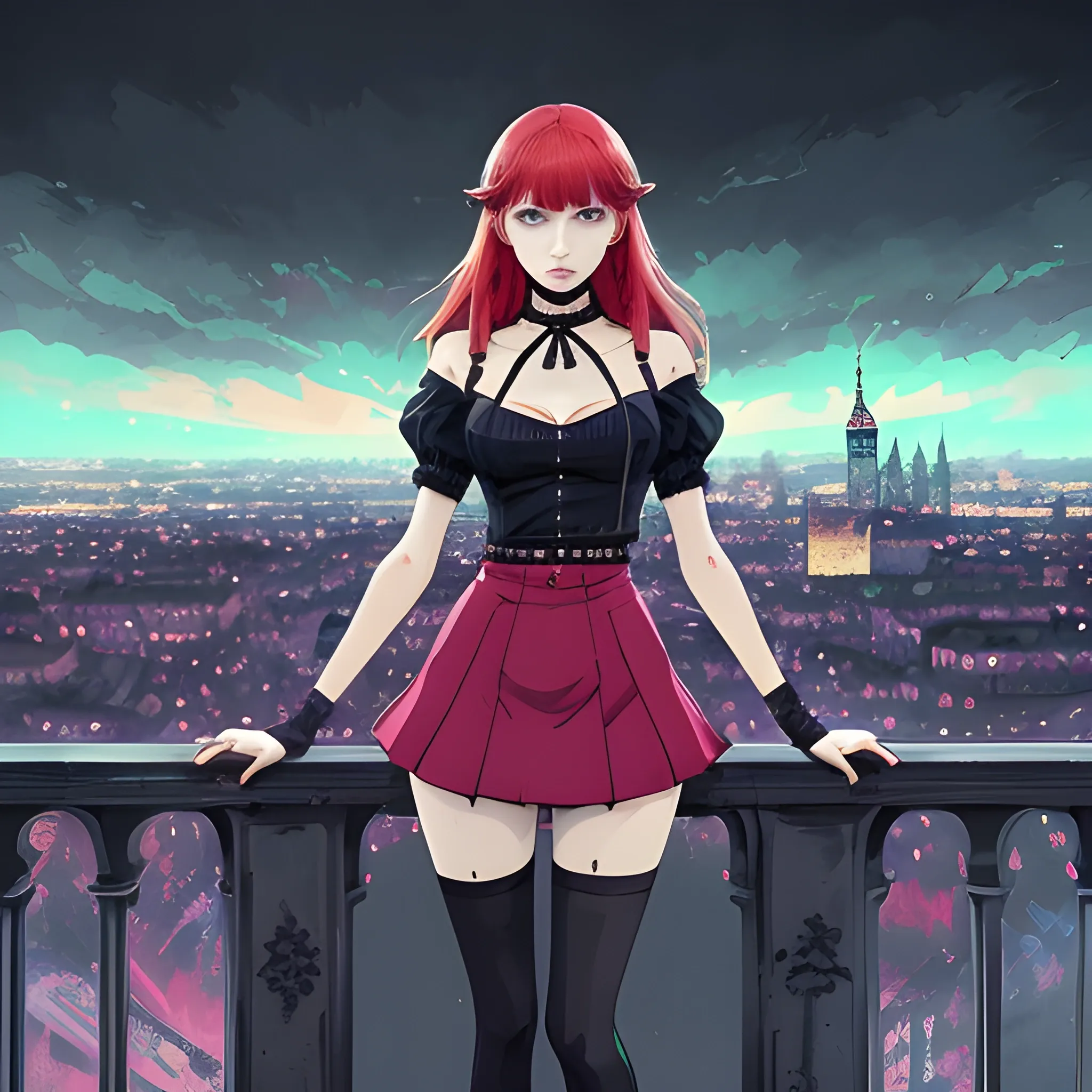 An image of red hair slavic woman wearing choker in a manga art, anime style character  red and sillver colors,  true aesthetics, casual fashion shot of a beautiful modern woman posing in front of a psychedelic art nouveau style. classy style polish female, full figure, fit, ellegant tight pink costume, miniskirt,  legs,  choker, cross, long hair, classy,  beautiful faces, manga eyes, open mouth,  Warsaw city in the background, dark night, art by Greg Rutkowski, acrylic, high contrast, colorful polychromatic, ultra detailed, ultra quality, CGSocietyHighly detailed, highest quality, 3D, Trippy