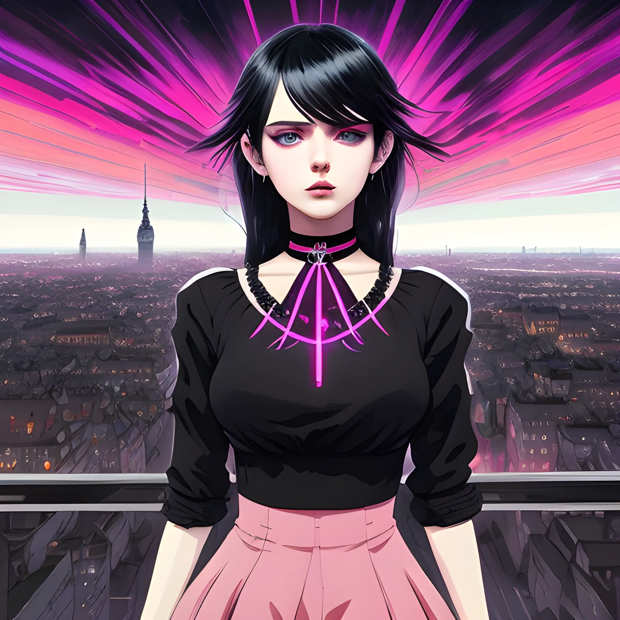 An image of black hair slavic woman wearing choker in a manga art, anime style character  red and sillver colors,  true aesthetics, casual fashion shot of a beautiful modern woman posing in front of a psychedelic art nouveau style. classy style polish female, full figure, fit, ellegant tight pink costume, miniskirt,  legs,  choker, cross, long hair, classy,  beautiful faces, manga eyes, open mouth,  Warsaw city in the background, dark night, art by Greg Rutkowski, acrylic, high contrast, colorful polychromatic, ultra detailed, ultra quality, CGSocietyHighly detailed, highest quality, 3D, Trippy