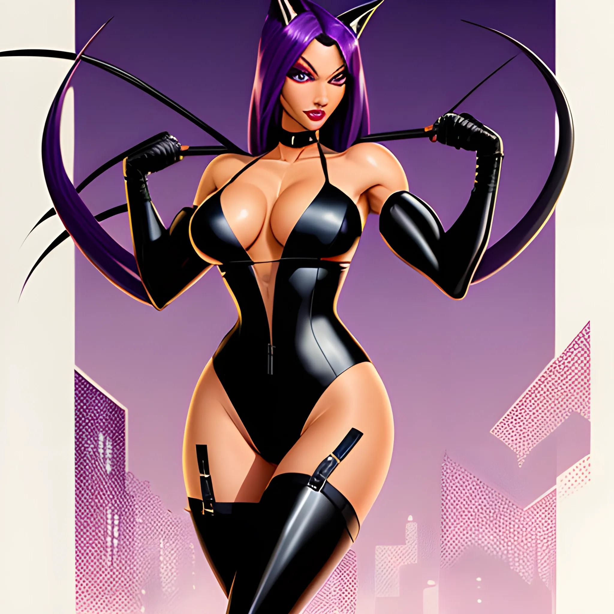  shihouin yoruichi, bad bitch, sinuous brawny gal, mature female, very fit cool girl. Colored skin dark skin dark skinned female. long hair in a high ponytail, purple hair, parted bangs, purple eyelashes. glowing yellow_eyes slitted_pupils detailed eyes eyeliner eyeshadow. absurdres, high res, Perfect body perfect anatomy. wide hips, muscular calves, elbow gloves styled like bridal gauntlets under detached sleeves. perfect symmetrical face beautiful woman, painted lips carnudos. wide hips, brawny fit, long legs, toned. panty thong, pantylines, black swinsuit, latex swinsuit, highleg swinsuit, onepiece swinsuit. cat ears, cat tail. white leggings of lycra, high waisted leggings. detached sleeves, sleeveless bare shoulders. 1930s, mafia themes, art deco cyberpunk noir, retro low fantasy setting, futuristic dark fantasy