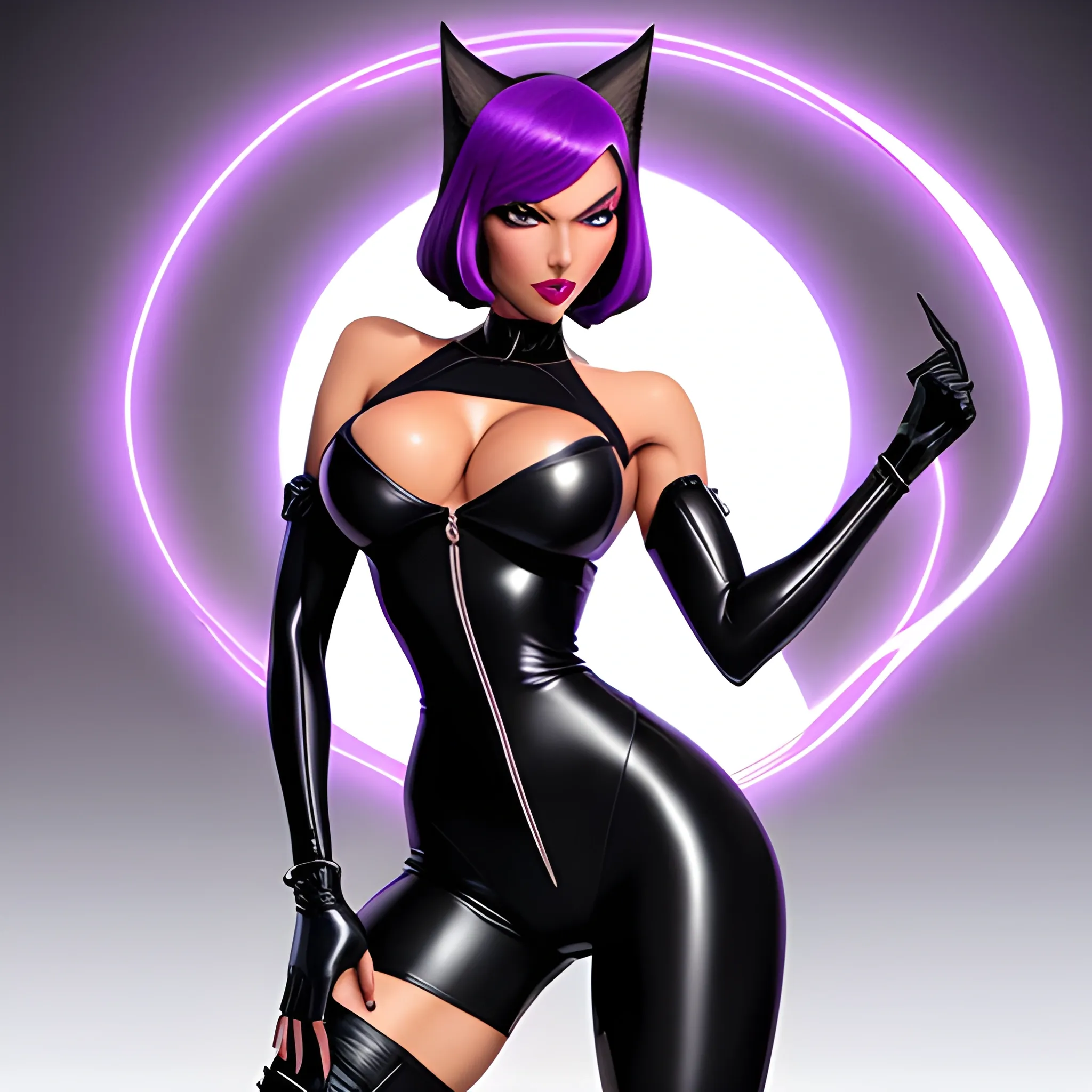  shihouin yoruichi, bad bitch, sinuous brawny gal, mature female, very fit cool girl. Colored skin dark skin dark skinned female. long hair in a high ponytail, purple hair, parted bangs, purple eyelashes. glowing yellow_eyes slitted_pupils detailed eyes eyeliner eyeshadow. absurdres, high res, Perfect body perfect anatomy. wide hips, muscular calves, elbow gloves styled like bridal gauntlets under detached sleeves. perfect symmetrical face beautiful woman, painted lips carnudos. wide hips, brawny fit, long legs, toned. panty thong, pantylines, black swinsuit, latex swinsuit, highleg swinsuit, onepiece swinsuit. cat ears, cat tail. white leggings of lycra, high waisted leggings. detached sleeves, sleeveless bare shoulders. 1930s, mafia themes, art deco cyberpunk noir, retro low fantasy setting, futuristic dark fantasy