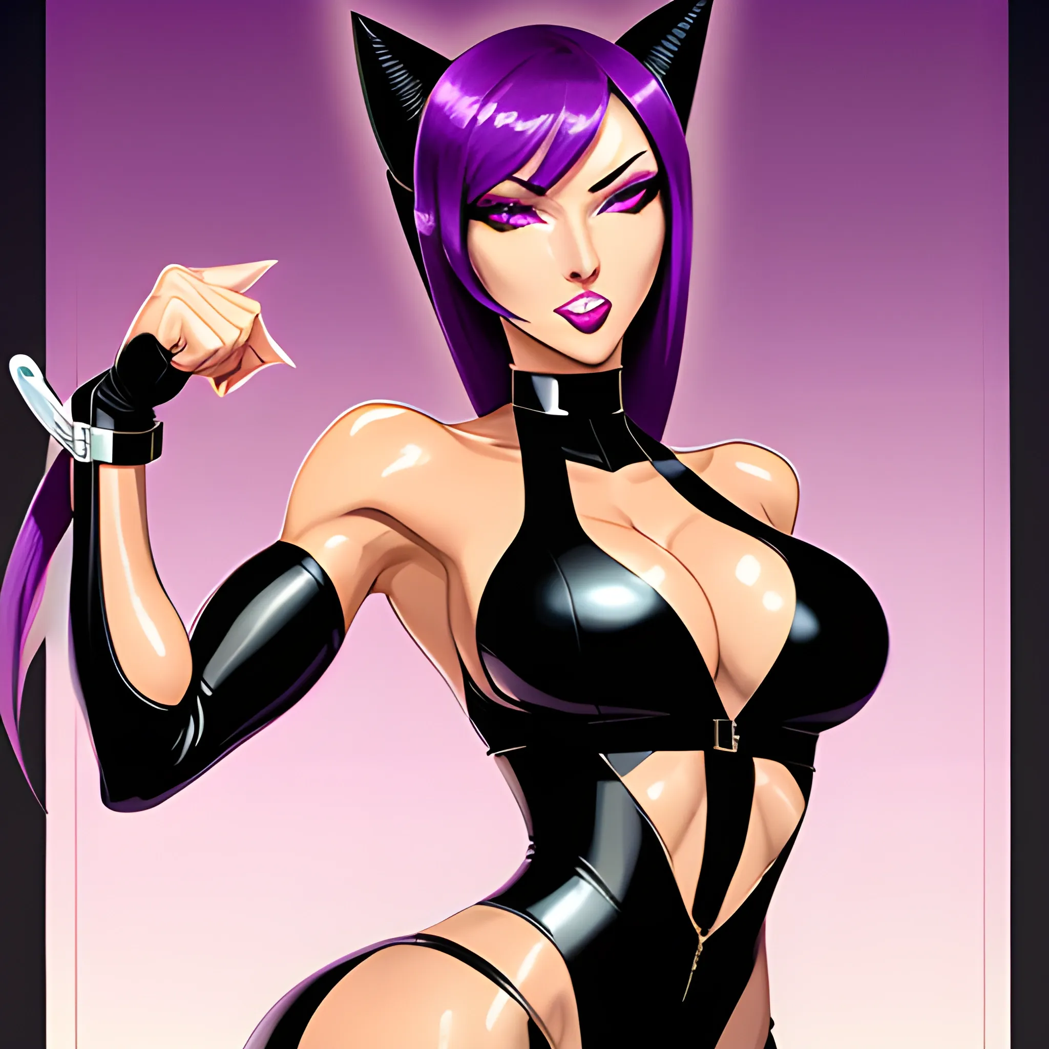  shihouin yoruichi, bad bitch, sinuous brawny gal, mature female, very fit cool girl. Colored skin dark skin dark skinned female. long hair in a high ponytail, purple hair, parted bangs, purple eyelashes. glowing yellow_eyes slitted_pupils detailed eyes eyeliner eyeshadow. absurdres, high res, Perfect body perfect anatomy. wide hips, muscular calves, elbow gloves styled like bridal gauntlets under detached sleeves. perfect symmetrical face beautiful woman, painted lips carnudos. wide hips, brawny fit, long legs, toned. panty thong, pantylines, black swinsuit, latex swinsuit, highleg swinsuit, onepiece swinsuit. cat ears, cat tail. white leggings of lycra, high waisted leggings. detached sleeves, sleeveless bare shoulders. 1930s, mafia themes, art deco cyberpunk noir, retro low fantasy setting, futuristic dark fantasy, 3D