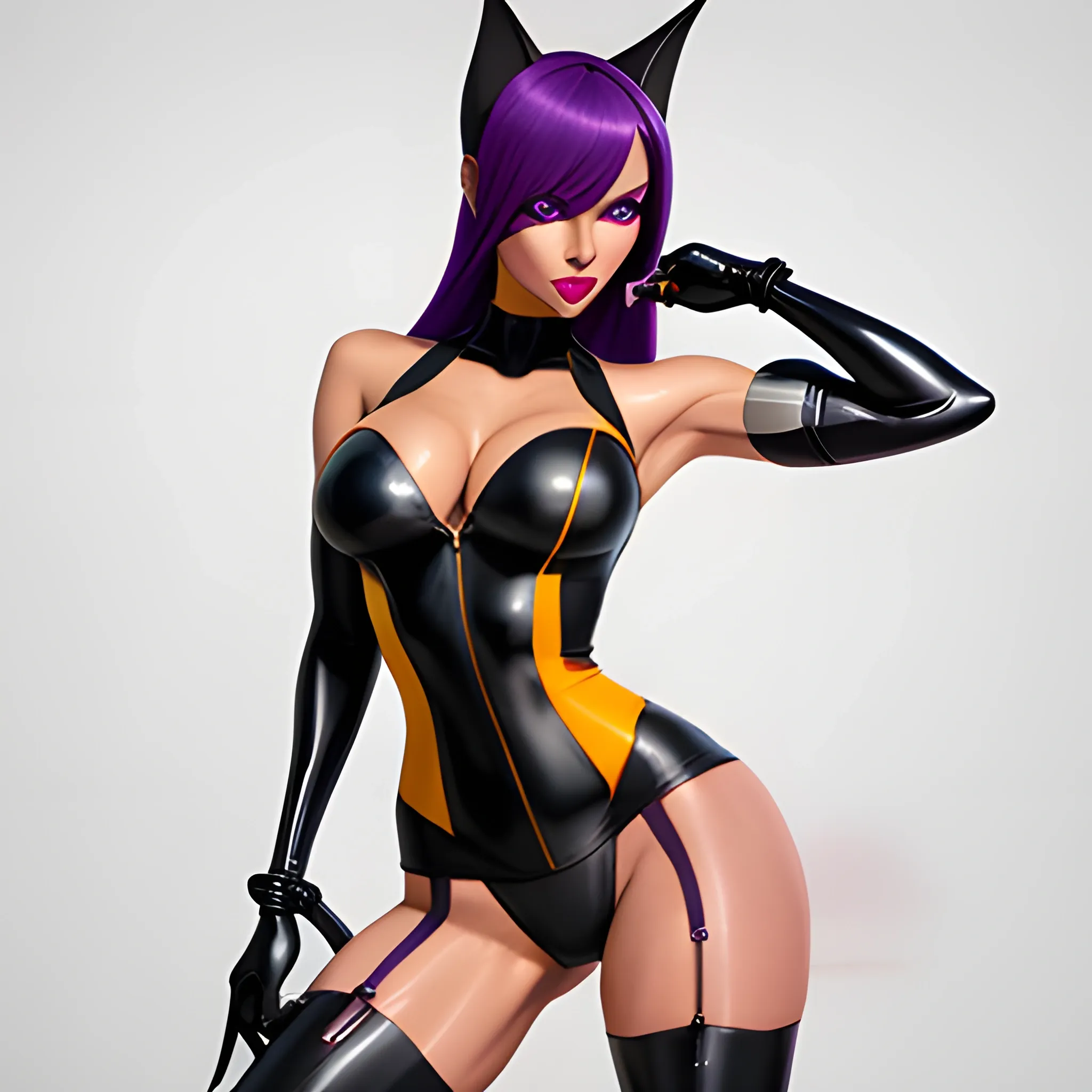  shihouin yoruichi, bad bitch, sinuous brawny gal, mature female, very fit cool girl. (Colored skin dark skin dark skinned female.) long hair in a high ponytail, purple hair, parted bangs, purple eyelashes. glowing yellow_eyes slitted_pupils detailed eyes eyeliner eyeshadow. absurdres, high res, Perfect body perfect anatomy. wide hips, muscular calves, elbow gloves styled like bridal gauntlets under detached sleeves. perfect symmetrical face beautiful woman, painted lips carnudos. wide hips, brawny fit, long legs, toned. panty thong, pantylines, black swinsuit, latex swinsuit, highleg swinsuit, onepiece swinsuit. cat ears, cat tail. white leggings of lycra, high waisted leggings. detached sleeves, sleeveless bare shoulders. 1930s, mafia themes, art deco cyberpunk noir, retro low fantasy setting, futuristic dark fantasy, 3D