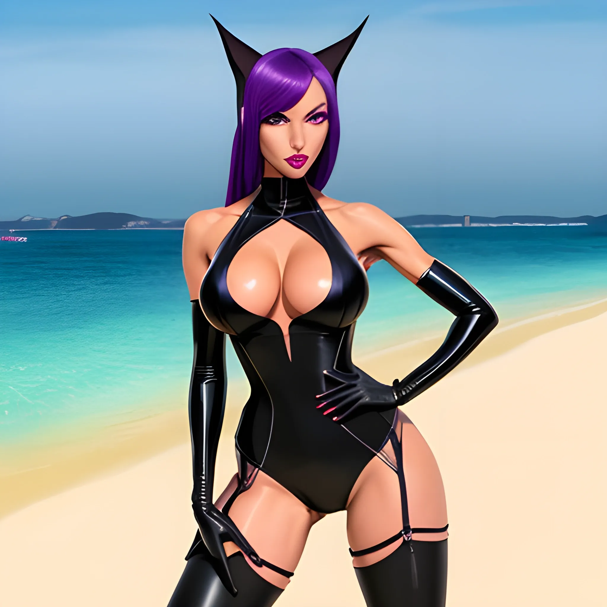  shihouin yoruichi, bad bitch, sinuous brawny gal, mature female, very fit cool girl. (Colored skin, dark skin dark skinned female.) long hair in a high ponytail, purple hair, parted bangs, purple eyelashes. glowing yellow_eyes slitted_pupils detailed eyes eyeliner eyeshadow. absurdres, high res, Perfect body perfect anatomy. wide hips, muscular calves, elbow gloves styled like bridal gauntlets under detached sleeves. perfect symmetrical face beautiful woman, painted lips carnudos. wide hips, brawny fit, long legs, toned. panty thong, pantylines, black swinsuit, latex swinsuit, highleg swinsuit, onepiece swinsuit. cat ears, cat tail. white leggings of lycra, high waisted leggings. detached sleeves, sleeveless bare shoulders. 1930s, mafia themes, art deco cyberpunk noir, retro low fantasy setting, futuristic dark fantasy