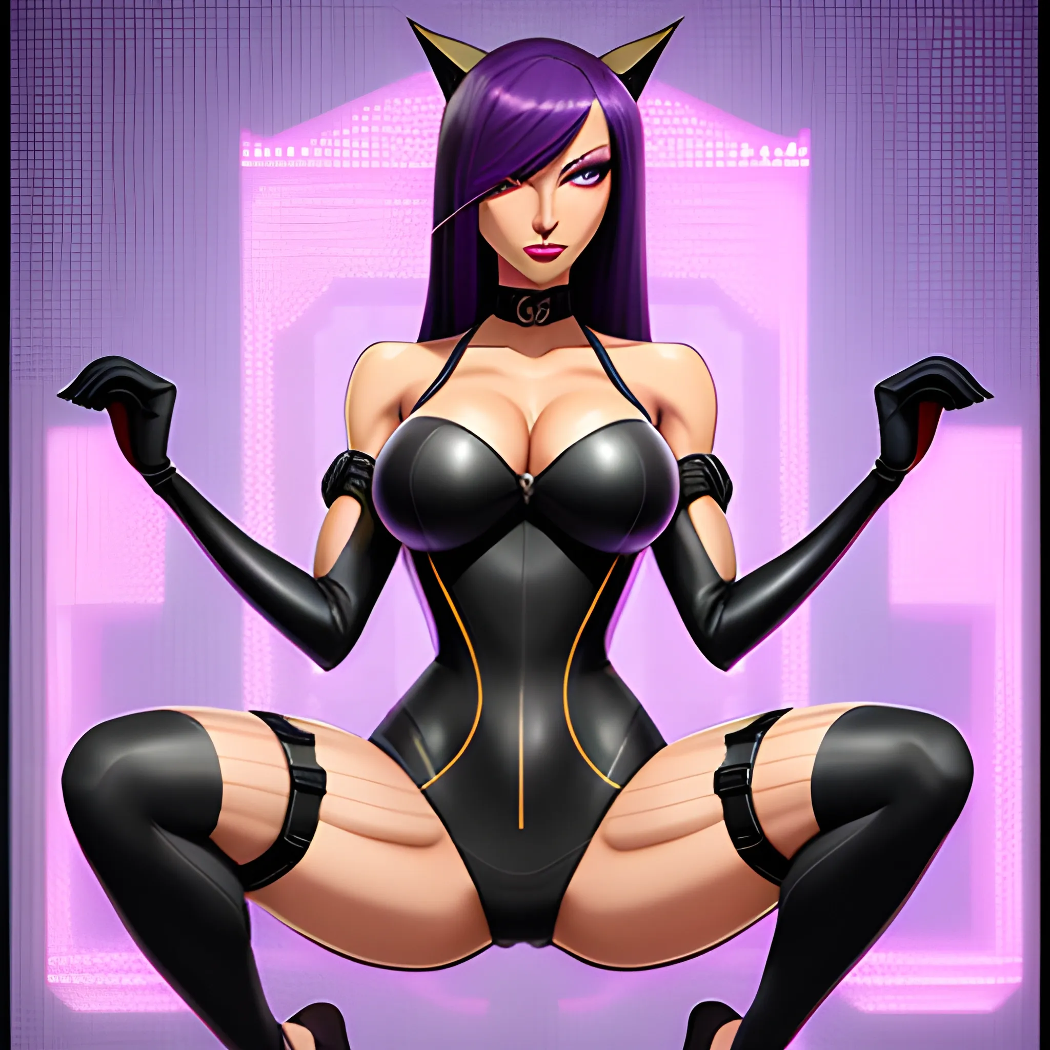  shihouin yoruichi, bad bitch, sinuous brawny gal, mature female, very fit cool girl. (Colored skin, dark skin dark skinned female.) long hair in a high ponytail, purple hair, parted bangs, purple eyelashes. glowing yellow_eyes slitted_pupils detailed eyes eyeliner eyeshadow. absurdres, high res, Perfect body perfect anatomy. wide hips, muscular calves, elbow gloves styled like bridal gauntlets under detached sleeves. perfect symmetrical face beautiful woman, painted lips carnudos. wide hips, brawny fit, long legs, toned. panty thong, pantylines, black swinsuit, latex swinsuit, highleg swinsuit, onepiece swinsuit. cat ears, cat tail. white leggings of lycra, high waisted leggings. detached sleeves, sleeveless bare shoulders. 1930s, mafia themes, art deco cyberpunk noir, retro low fantasy setting, futuristic dark fantasy