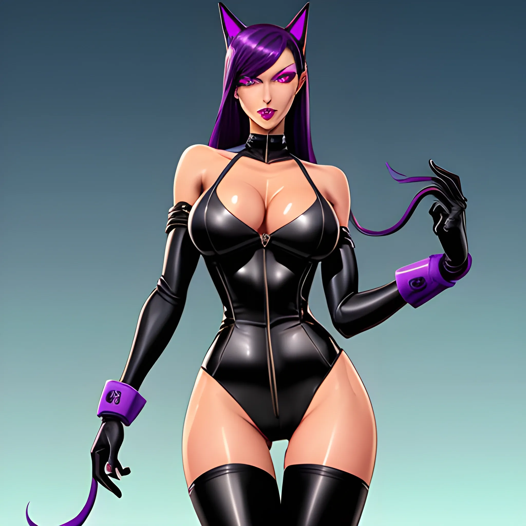  shihouin yoruichi, bad bitch, sinuous brawny gal, mature female, very fit cool girl. (Colored skin, dark skin dark skinned female.) long hair in a high ponytail, purple hair, parted bangs, purple eyelashes. glowing yellow_eyes slitted_pupils detailed eyes eyeliner eyeshadow. absurdres, high res, Perfect body perfect anatomy. wide hips, muscular calves, elbow gloves styled like bridal gauntlets under detached sleeves. perfect symmetrical face beautiful woman, painted lips carnudos. wide hips, brawny fit, long legs, toned. panty thong, pantylines, black swinsuit, latex swinsuit, highleg swinsuit, onepiece swinsuit. cat ears, cat tail. white leggings of lycra, high waisted leggings. detached sleeves, sleeveless bare shoulders. 1930s, mafia themes, art deco cyberpunk noir, retro low fantasy setting, futuristic dark fantasy, Cartoon, 3D