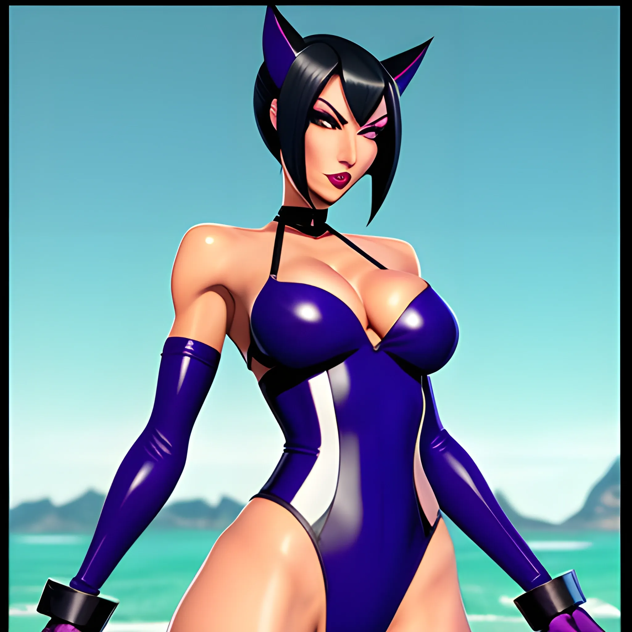  shihouin yoruichi, bad bitch, sinuous brawny gal, mature female, very fit cool girl. (Colored skin, dark skin dark skinned female.) long hair in a high ponytail, purple hair, parted bangs, purple eyelashes. glowing yellow_eyes slitted_pupils detailed eyes eyeliner eyeshadow. absurdres, high res, Perfect body perfect anatomy. wide hips, muscular calves, elbow gloves styled like bridal gauntlets under detached sleeves. perfect symmetrical face beautiful woman, painted lips carnudos. wide hips, brawny fit, long legs, toned. panty thong, pantylines, black swinsuit, latex swinsuit, highleg swinsuit, onepiece swinsuit. cat ears, cat tail. white leggings of lycra, high waisted leggings. detached sleeves, sleeveless bare shoulders. 1930s, mafia themes, art deco cyberpunk noir, retro low fantasy setting, futuristic dark fantasy, Cartoon, 3D, Cartoon, Cartoon