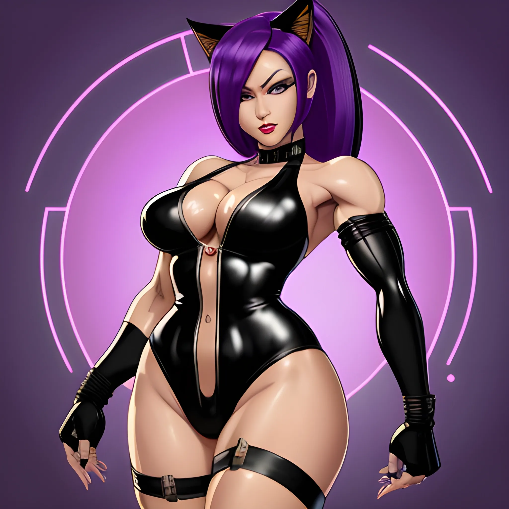 
Shihouin Yoruichi is a mature, physically fit woman with a sinuous and brawny physique. She possesses a distinctive, cool demeanor and is often referred to as a "bad babe." Her dark skin is prominent, underscoring her striking appearance.

Yoruichi's long, purple hair is elegantly styled in a high ponytail with parted bangs, complemented by purple eyelashes that draw attention to her glowing yellow eyes with slitted pupils. Her eyes are detailed, adorned with eyeliner and eyeshadow, which adds to her allure. 

Her appearance is captured in absurdly high-resolution, highlighting her perfect body and flawless anatomy. Yoruichi boasts wide hips, muscular calves, and her arms are adorned with elbow gloves styled like bridal gauntlets, all concealed under detached sleeves. Her face is perfectly symmetrical, radiating her beauty, with painted carnudos lips.

She possesses long, toned legs and a brawny, fit physique, emphasized by her choice of a panty thong, which may reveal subtle panty lines. Yoruichi's attire includes a black latex swimsuit with a high-cut design, reminiscent of a retro one-piece swimsuit. Her unique features are completed by cat ears and a cat tail.

Her wardrobe is complemented by white lycra leggings, worn high-waisted, and sleeveless detached sleeves that expose her bare shoulders. Yoruichi's character thrives in a 1930s, mafia-themed, art deco cyberpunk noir setting, within a retro low fantasy and futuristic dark fantasy world.