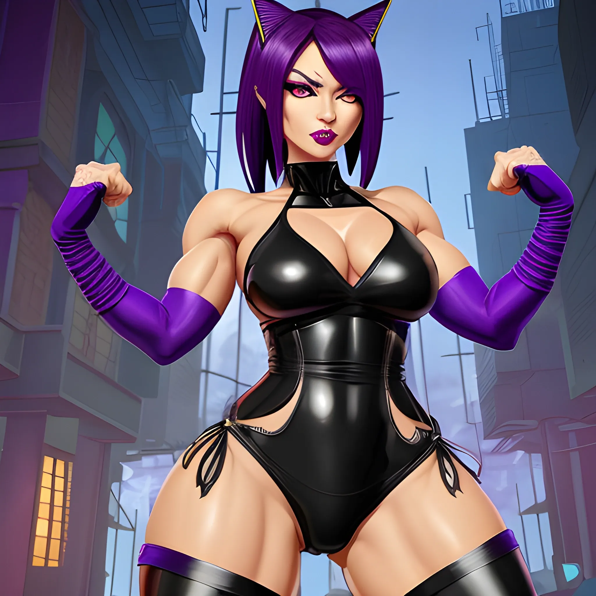 
Shihouin Yoruichi is a mature, physically fit woman with a sinuous and brawny physique. She possesses a distinctive, cool demeanor and is often referred to as a "bad babe." Her dark skin is prominent, underscoring her striking appearance.

Yoruichi's long, purple hair is elegantly styled in a high ponytail with parted bangs, complemented by purple eyelashes that draw attention to her glowing yellow eyes with slitted pupils. Her eyes are detailed, adorned with eyeliner and eyeshadow, which adds to her allure. 

Her appearance is captured in absurdly high-resolution, highlighting her perfect body and flawless anatomy. Yoruichi boasts wide hips, muscular calves, and her arms are adorned with elbow gloves styled like bridal gauntlets, all concealed under detached sleeves. Her face is perfectly symmetrical, radiating her beauty, with painted carnudos lips.

She possesses long, toned legs and a brawny, fit physique, emphasized by her choice of a panty thong, which may reveal subtle panty lines. Yoruichi's attire includes a black latex swimsuit with a high-cut design, reminiscent of a retro one-piece swimsuit. Her unique features are completed by cat ears and a cat tail.

Her wardrobe is complemented by white lycra leggings, worn high-waisted, and sleeveless detached sleeves that expose her bare shoulders. Yoruichi's character thrives in a 1930s, mafia-themed, art deco cyberpunk noir setting, within a retro low fantasy and futuristic dark fantasy world.