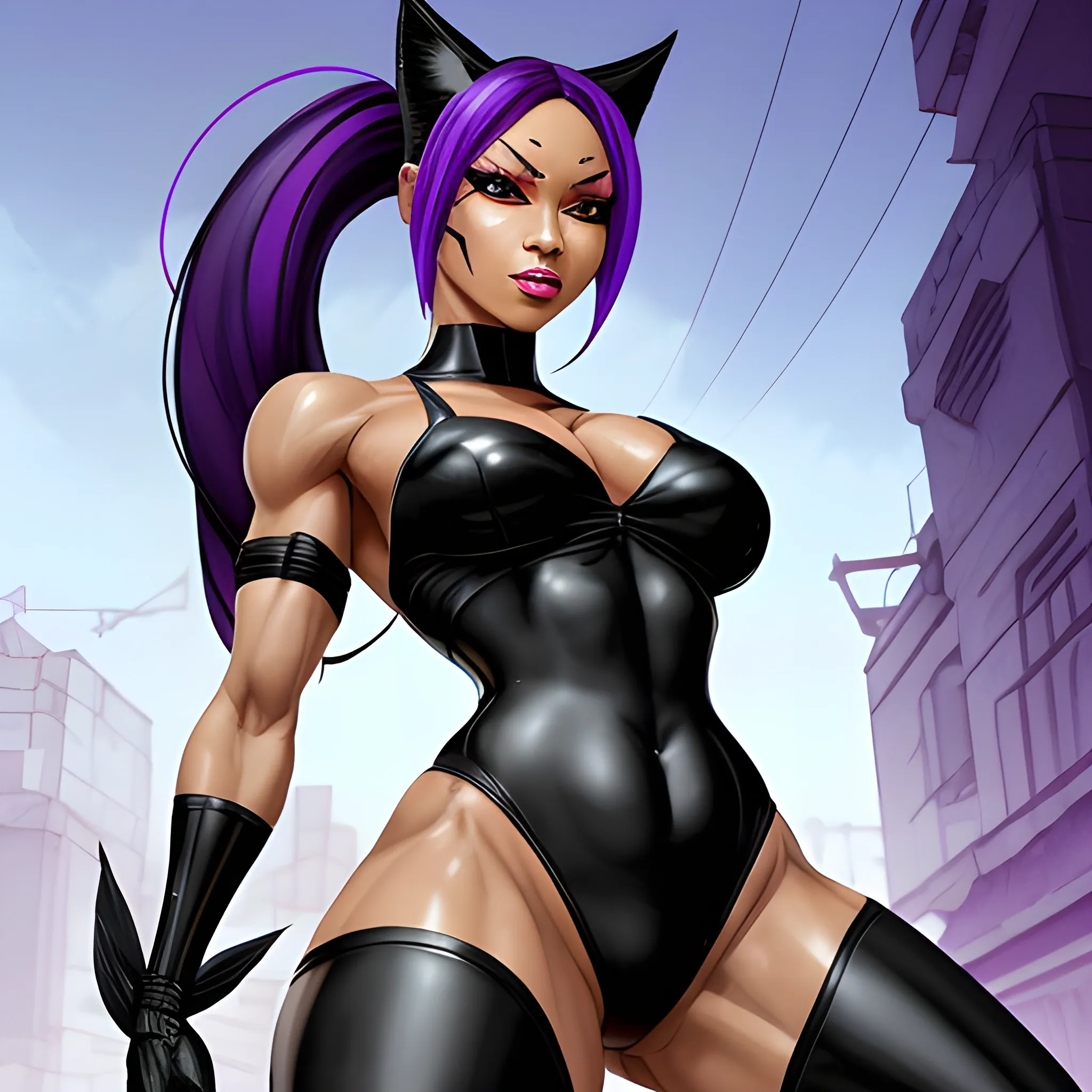 
Shihouin Yoruichi is a mature, physically fit woman with a sinuous and brawny physique. She possesses a distinctive, cool demeanor and is often referred to as a "bad babe." Her dark skin is prominent, underscoring her striking appearance.

Yoruichi's long, purple hair is elegantly styled in a high ponytail with parted bangs, complemented by purple eyelashes that draw attention to her glowing yellow eyes with slitted pupils. Her eyes are detailed, adorned with eyeliner and eyeshadow, which adds to her allure. 

Her appearance is captured in absurdly high-resolution, highlighting her perfect body and flawless anatomy. Yoruichi boasts wide hips, muscular calves, and her arms are adorned with elbow gloves styled like bridal gauntlets, all concealed under detached sleeves. Her face is perfectly symmetrical, radiating her beauty, with painted carnudos lips.

She possesses long, toned legs and a brawny, fit physique, emphasized by her choice of a panty thong, which may reveal subtle panty lines. Yoruichi's attire includes a black latex swimsuit with a high-cut design, reminiscent of a retro one-piece swimsuit. Her unique features are completed by cat ears and a cat tail.

Her wardrobe is complemented by white lycra leggings, worn high-waisted, and sleeveless detached sleeves that expose her bare shoulders. Yoruichi's character thrives in a 1930s, mafia-themed, art deco cyberpunk noir setting, within a retro low fantasy and futuristic dark fantasy world., Water Color