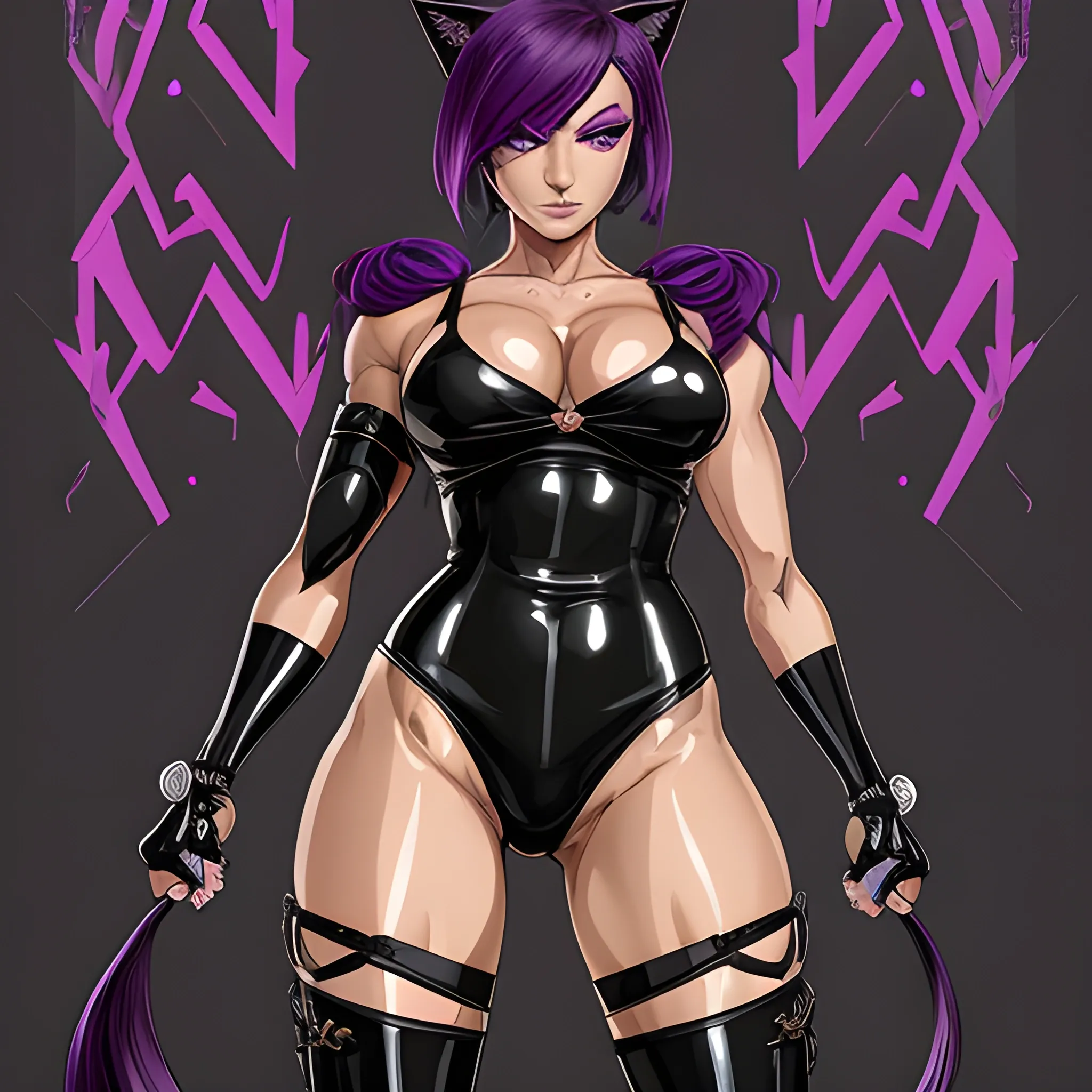 
Shihouin Yoruichi is a mature, physically fit woman with a sinuous and brawny physique. She possesses a distinctive, cool demeanor and is often referred to as a "bad babe." Her dark skin is prominent, underscoring her striking appearance.

Yoruichi's long, purple hair is elegantly styled in a high ponytail with parted bangs, complemented by purple eyelashes that draw attention to her glowing yellow eyes with slitted pupils. Her eyes are detailed, adorned with eyeliner and eyeshadow, which adds to her allure. 

Her appearance is captured in absurdly high-resolution, highlighting her perfect body and flawless anatomy. Yoruichi boasts wide hips, muscular calves, and her arms are adorned with elbow gloves styled like bridal gauntlets, all concealed under detached sleeves. Her face is perfectly symmetrical, radiating her beauty, with painted carnudos lips.

She possesses long, toned legs and a brawny, fit physique, emphasized by her choice of a panty thong, which may reveal subtle panty lines. Yoruichi's attire includes a black latex swimsuit with a high-cut design, reminiscent of a retro one-piece swimsuit. Her unique features are completed by cat ears and a cat tail.

Her wardrobe is complemented by white lycra leggings, worn high-waisted, and sleeveless detached sleeves that expose her bare shoulders. Yoruichi's character thrives in a 1930s, mafia-themed, art deco cyberpunk noir setting, within a retro low fantasy and futuristic dark fantasy world., Water Color, Cartoon, Cartoon