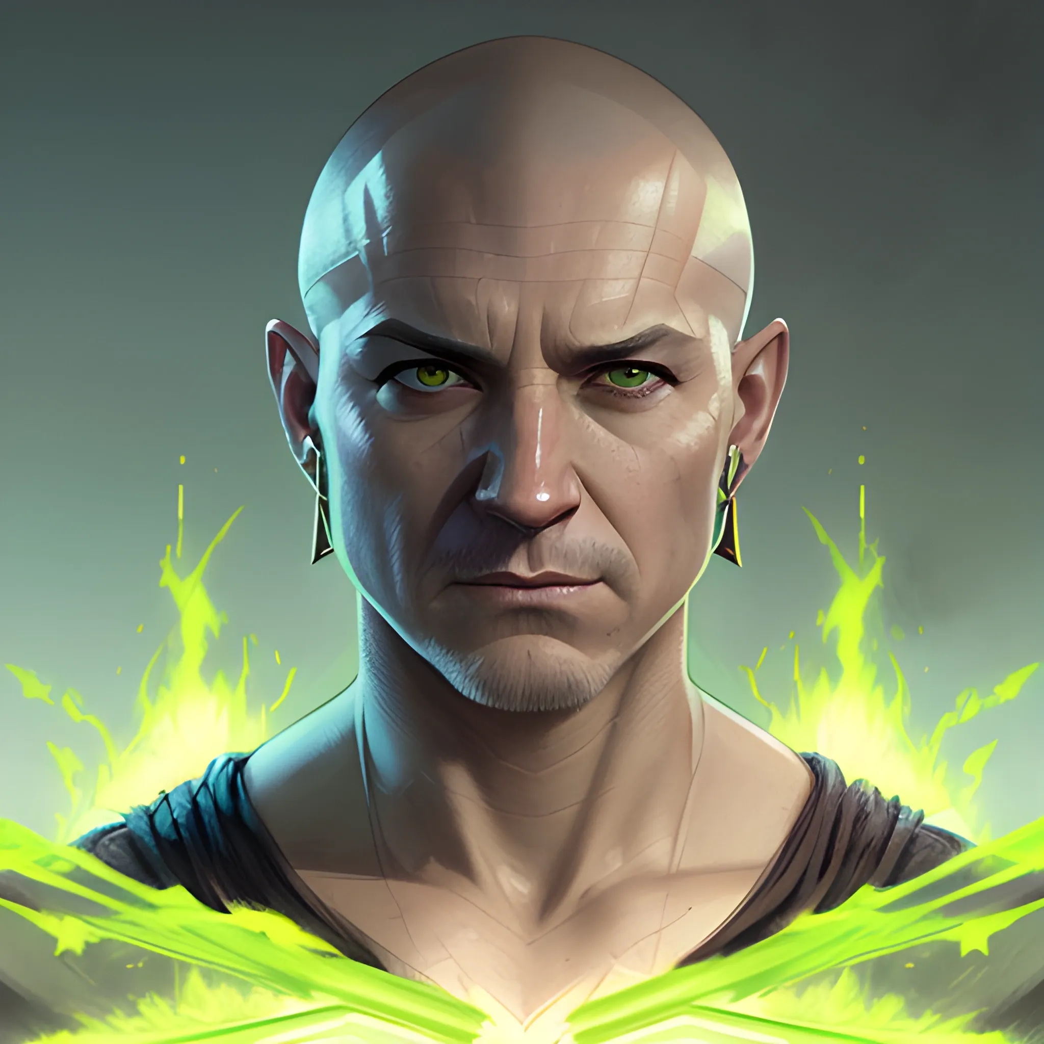 a male wizard with shaved head and brown hair casting a green fireball | | pencil sketch, realistic shaded, fine details, realistic shaded lighting poster by greg rutkowski, magali villeneuve, artgerm, jeremy lipkin and michael garmash and rob rey 