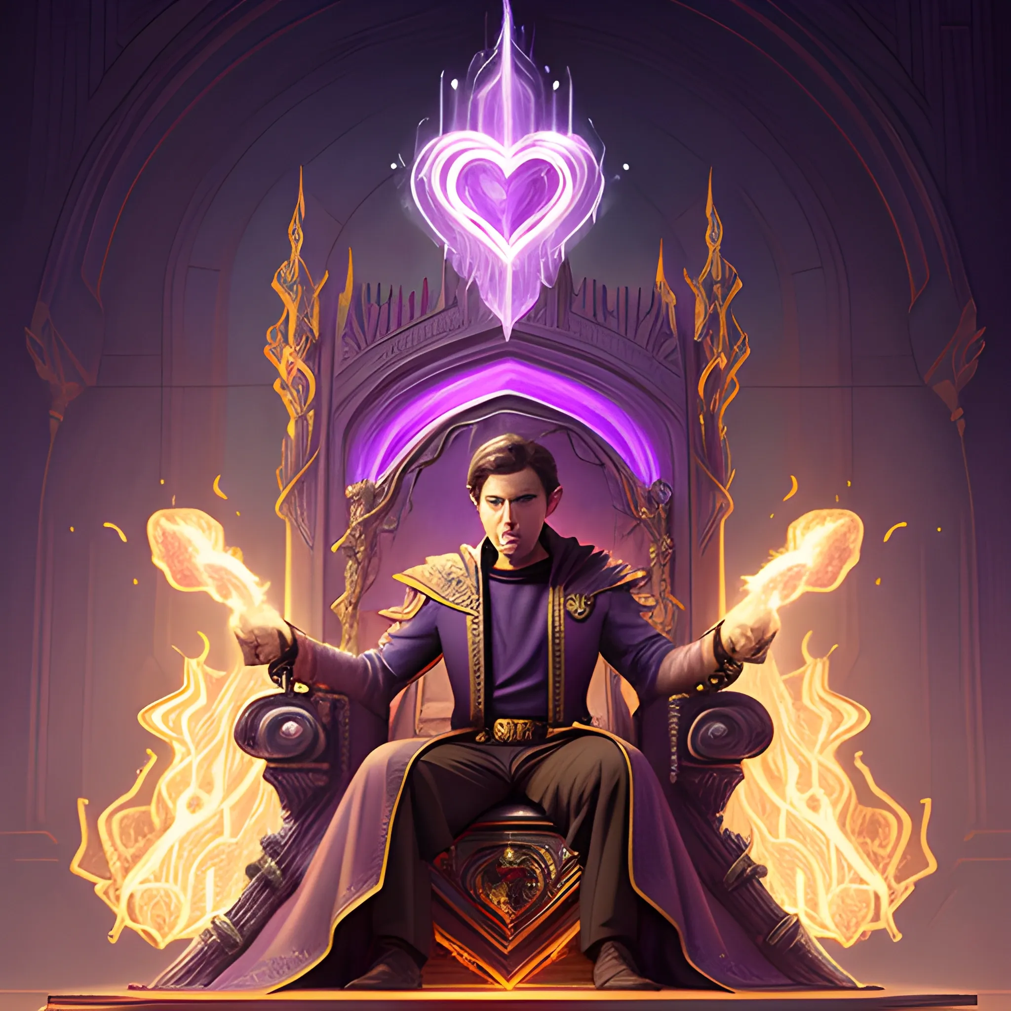 a male wizard with very short hair and brown hair casting a purple fireball with a heart in it. Throne in the background| | pencil sketch, realistic shaded, fine details, realistic shaded lighting poster by greg rutkowski, magali villeneuve, artgerm, jeremy lipkin and michael garmash and rob rey 