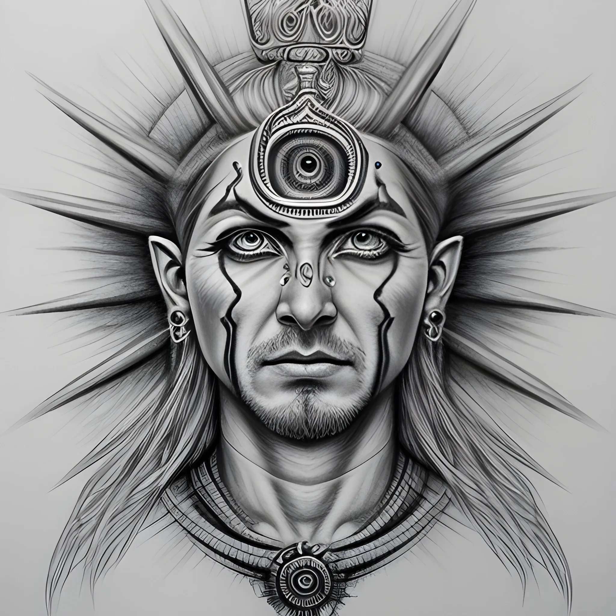 god of fate with heart as third eye, hyperrealistic, ultra psychotic, Pencil Sketch