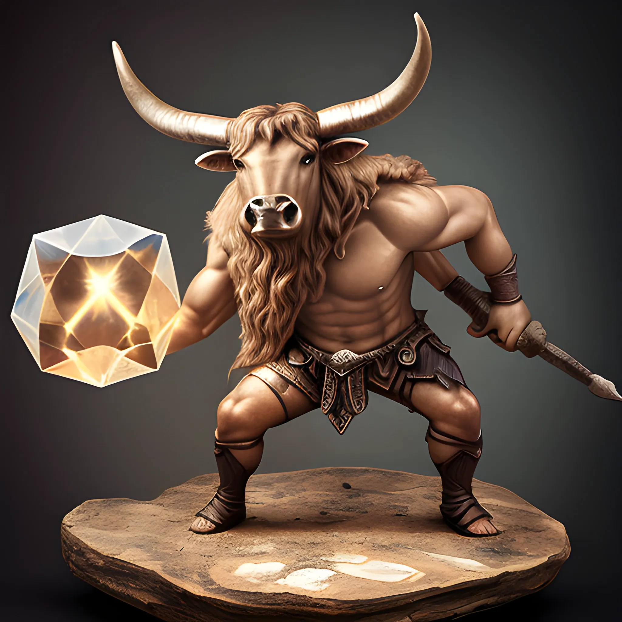 photography, minotaur, mage, with a staf and a crystal glob, blank background