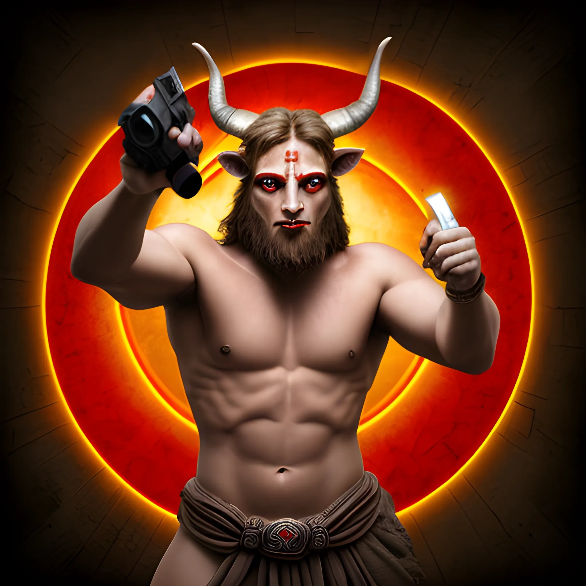 photography, minotaur, mage, with a pistol and a red stone ring, blank background