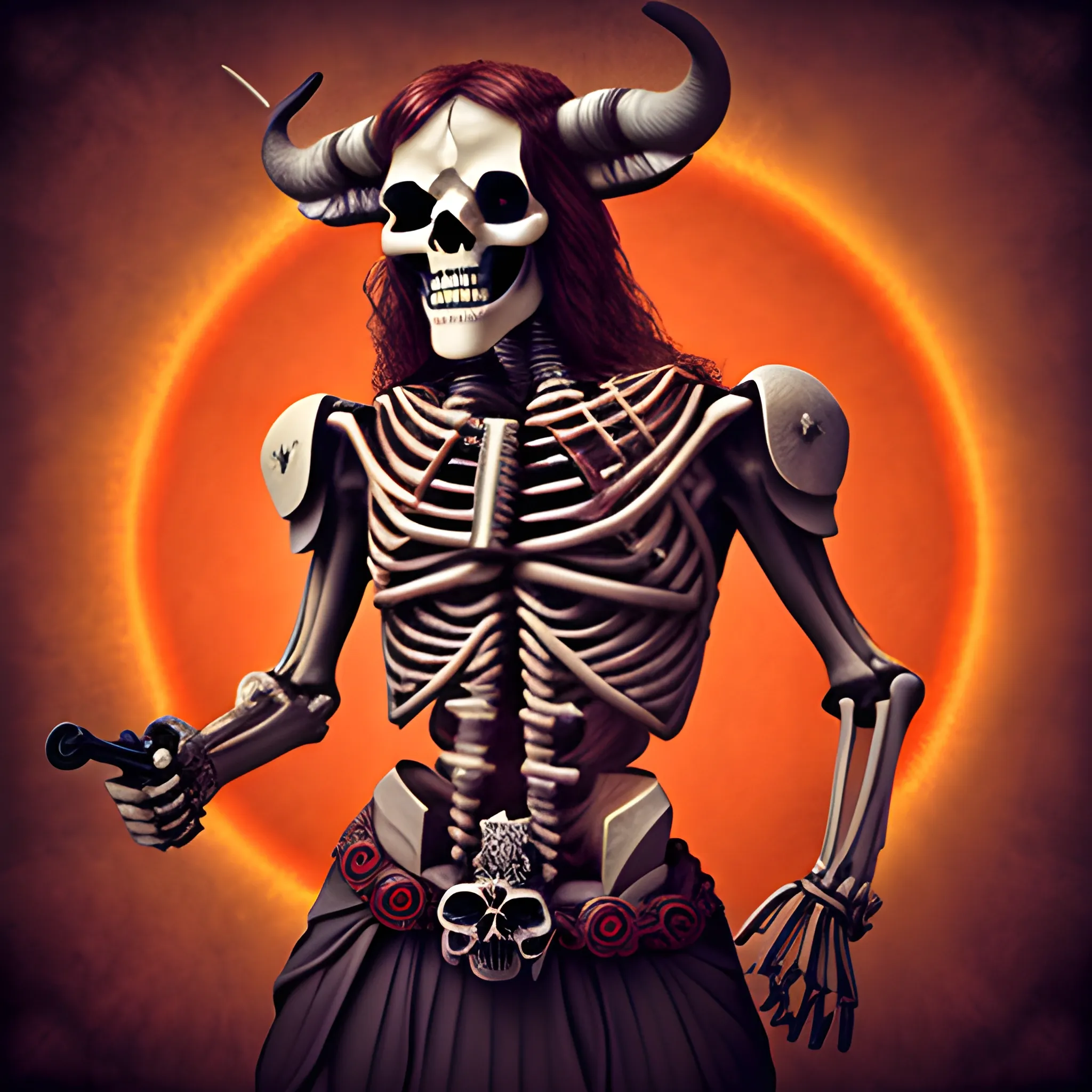 photography, minotaur skeleton, mage, with a pistol and a red stone ring, blank background