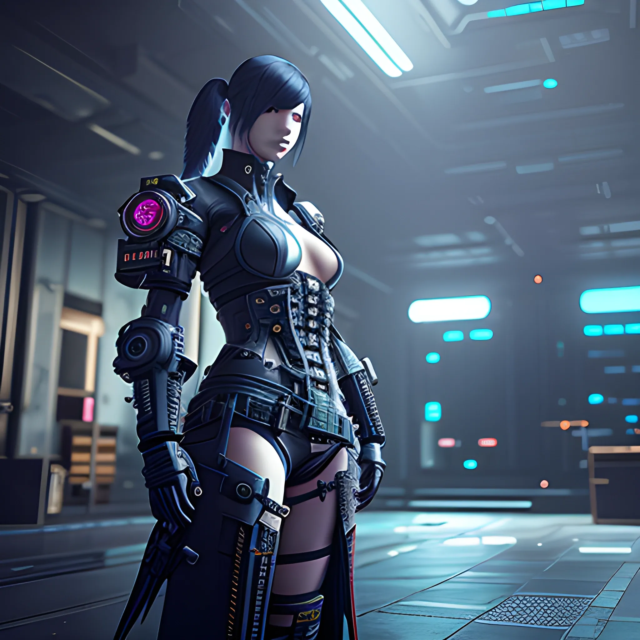 Cyberpunk, Final Fantasy XIV, Unreal Engine 5, Midnight, Front view, Full-Shot Angle, Realistic lighting, 3D