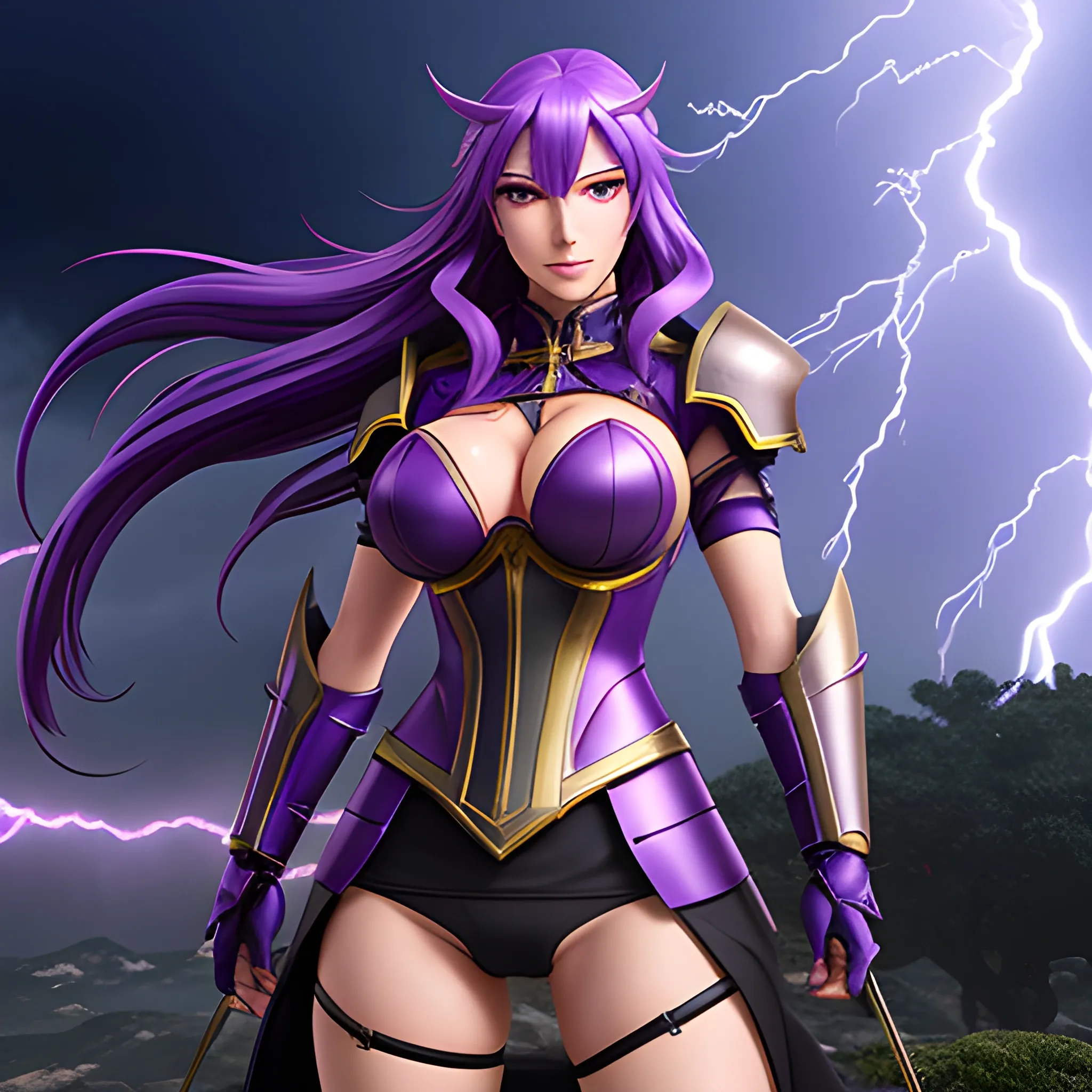 
a female animated anime character standing in front of a lightning storm and some other creatures, official alternate costume, 1girl, breasts, raiden shogun, long hair, purple hair, purple eyes, solo, armor, mitsudomoe (shape), tomoe (symbol), shoulder armor, hair ornament, cleavage, looking at viewer, gloves, 3D