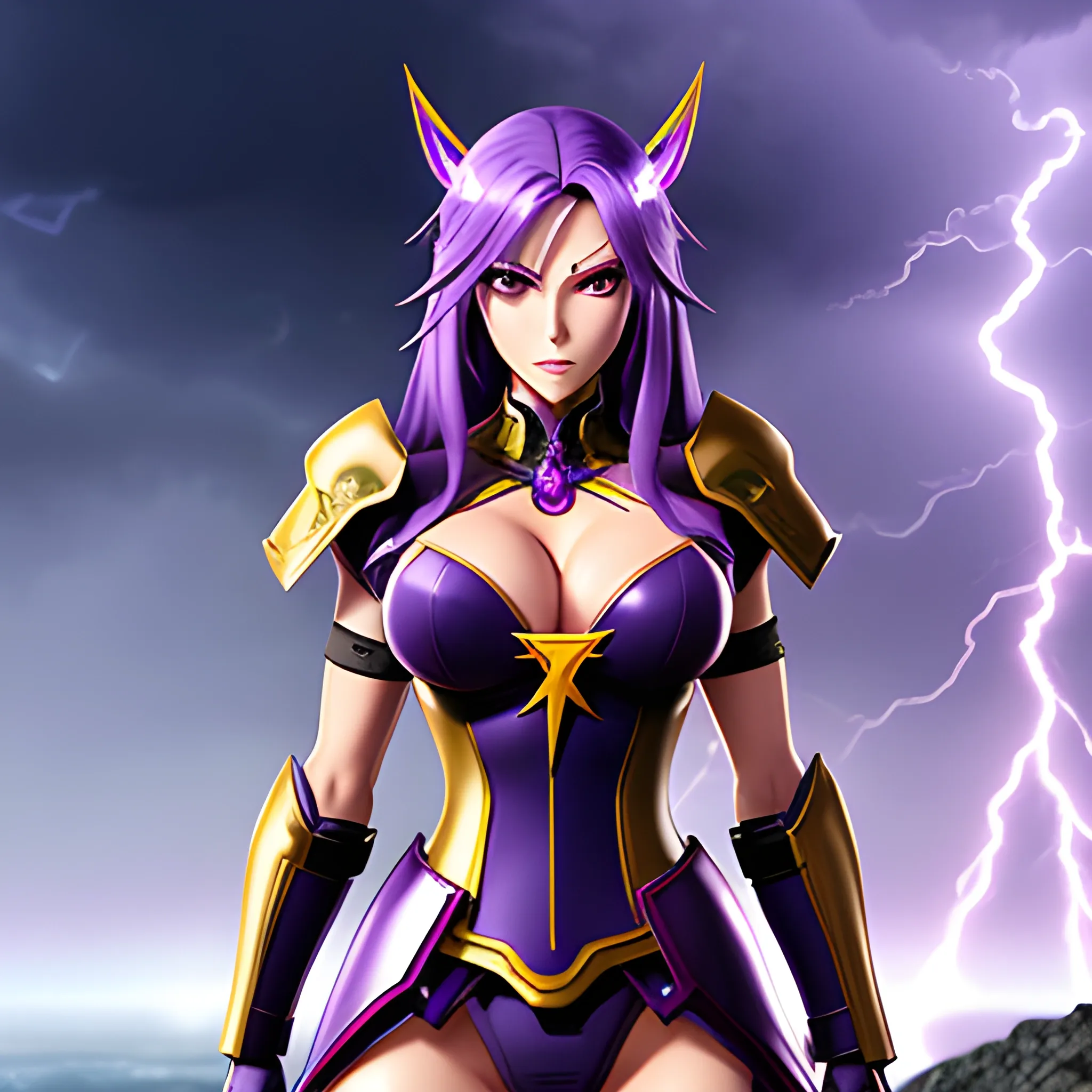 
a female animated anime character standing in front of a lightning storm and some other creatures, official alternate costume, 1girl, breasts, raiden shogun, long hair, purple hair, purple eyes, solo, armor, mitsudomoe (shape), tomoe (symbol), shoulder armor, hair ornament, cleavage, looking at viewer, gloves, Cartoon