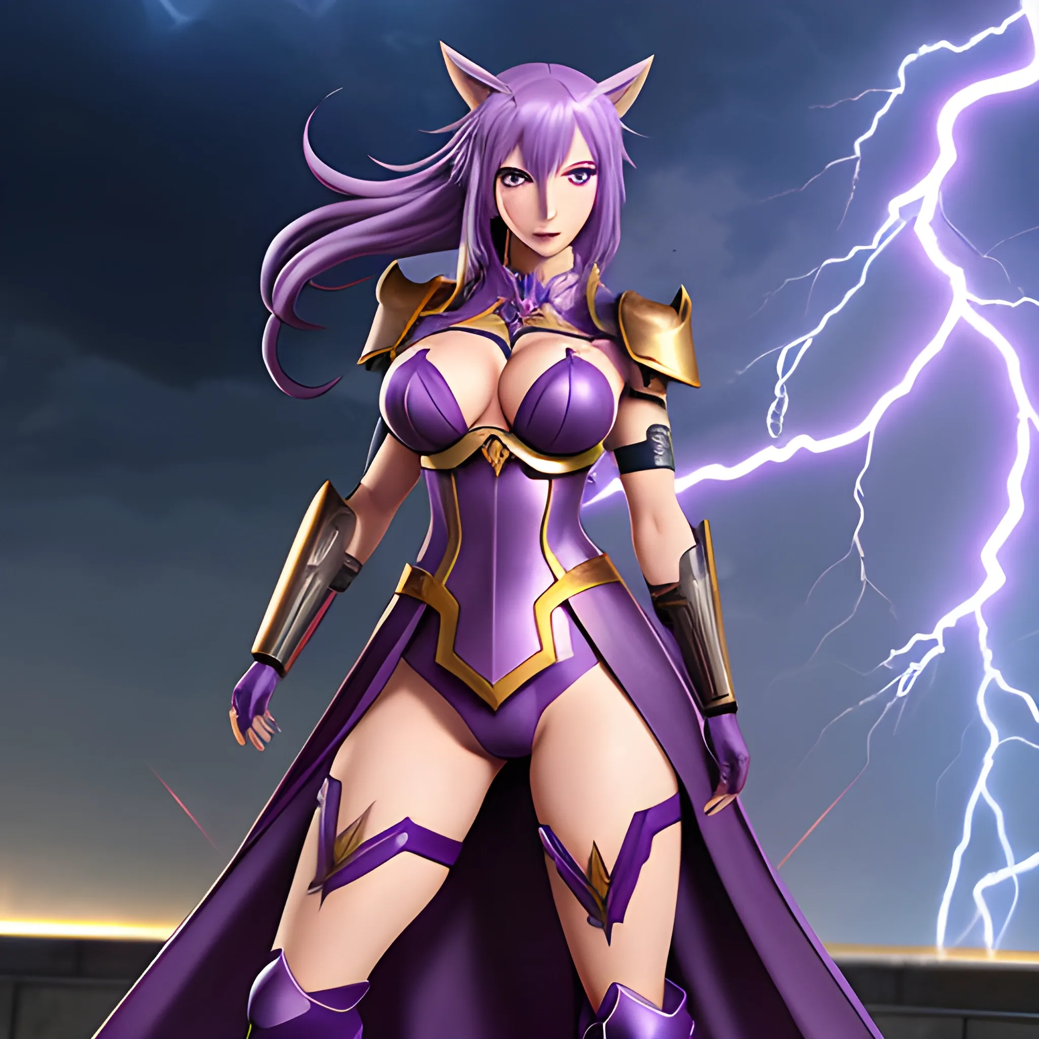 
a female animated anime character standing in front of a lightning storm and some other creatures, official alternate costume, 1girl, breasts, raiden shogun, long hair, purple hair, purple eyes, solo, armor, mitsudomoe (shape), tomoe (symbol), shoulder armor, hair ornament, cleavage, looking at viewer, gloves, anime
