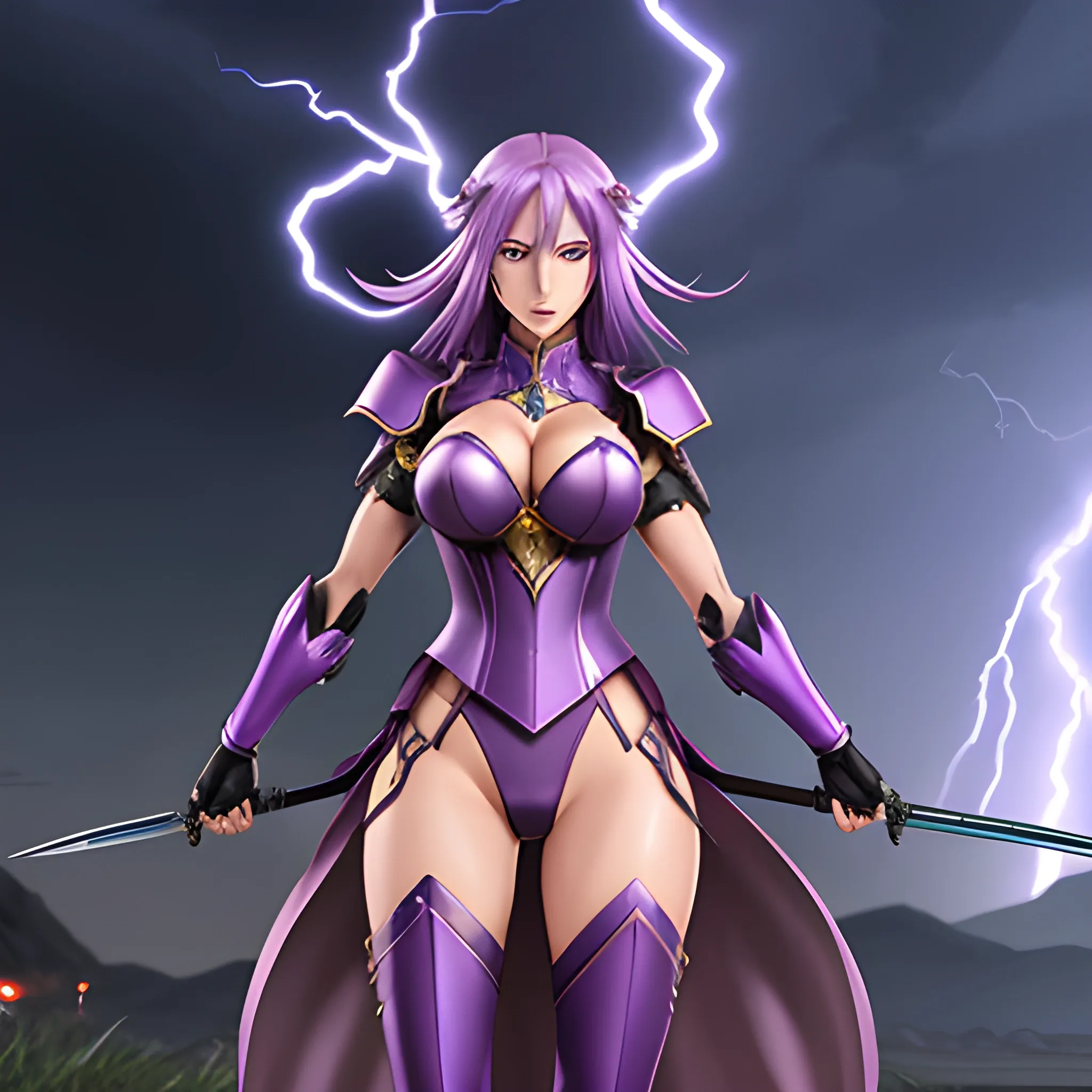 
a female animated anime character standing in front of a lightning storm and some other creatures, official alternate costume, 1girl, breasts, raiden shogun, long hair, purple hair, purple eyes, solo, armor, mitsudomoe (shape), tomoe (symbol), shoulder armor, hair ornament, cleavage, looking at viewer, gloves
, Pencil Sketch