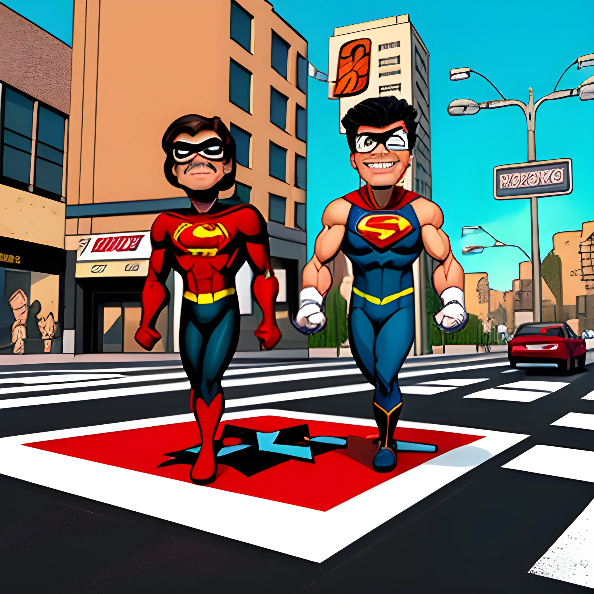 Create a 3D-style comic book cover featuring a superhero and a schoolboy crossing the crosswalk together
, Cartoon