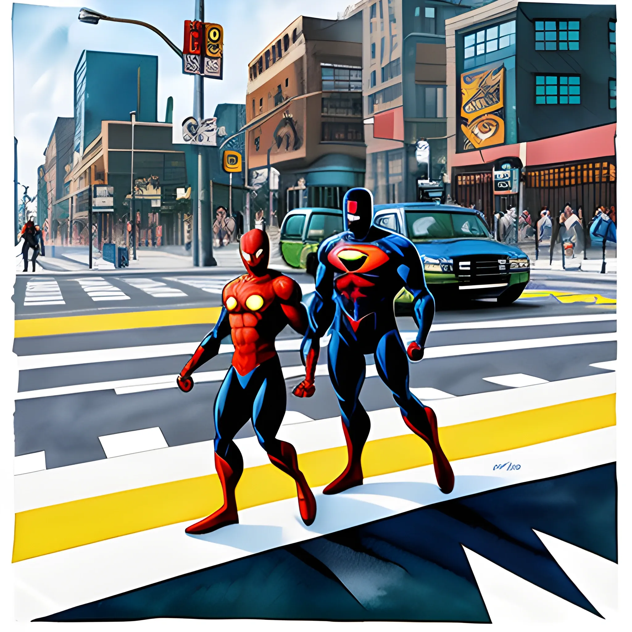 Create a 3D-style comic book cover featuring a superhero and a schoolboy crossing the crosswalk together
, Trippy, Water Color