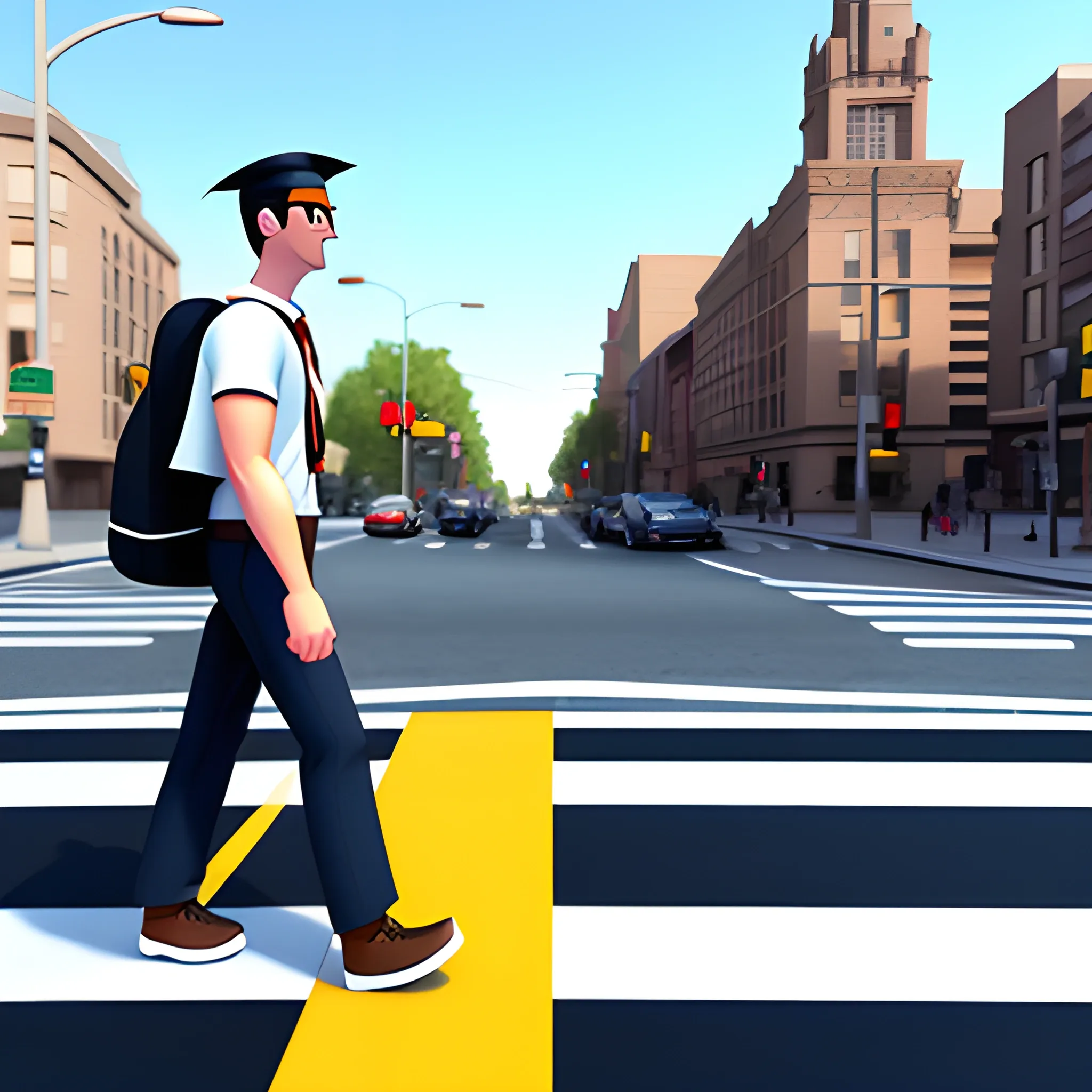  schoolboy crossing the crosswalk, back color 
 Cartoon, 3D, 3D, 3D