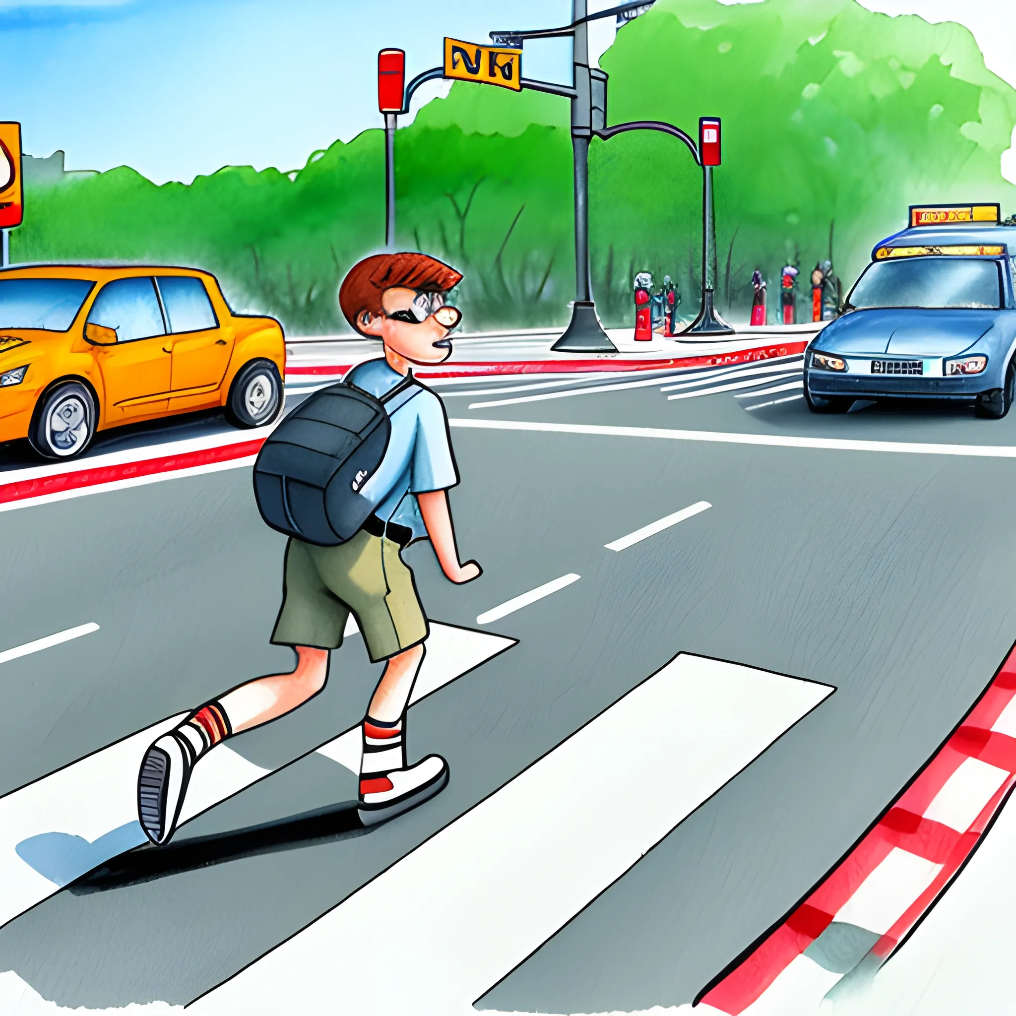 schoolboy crossing the crosswalk, back  Cartoon,, and dino
, Water Color