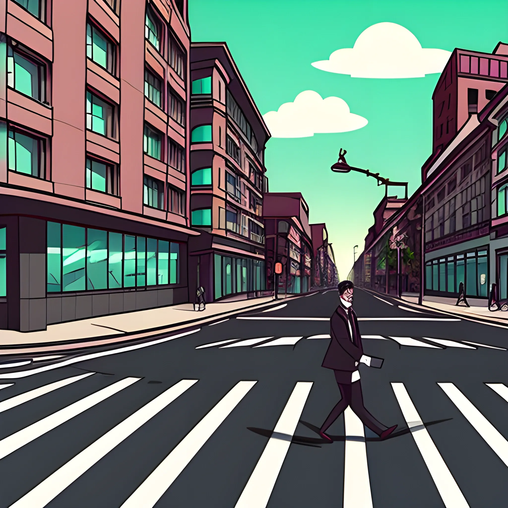 A dark comic style animation of schoolchildren crossing the street on the corner., Cartoon