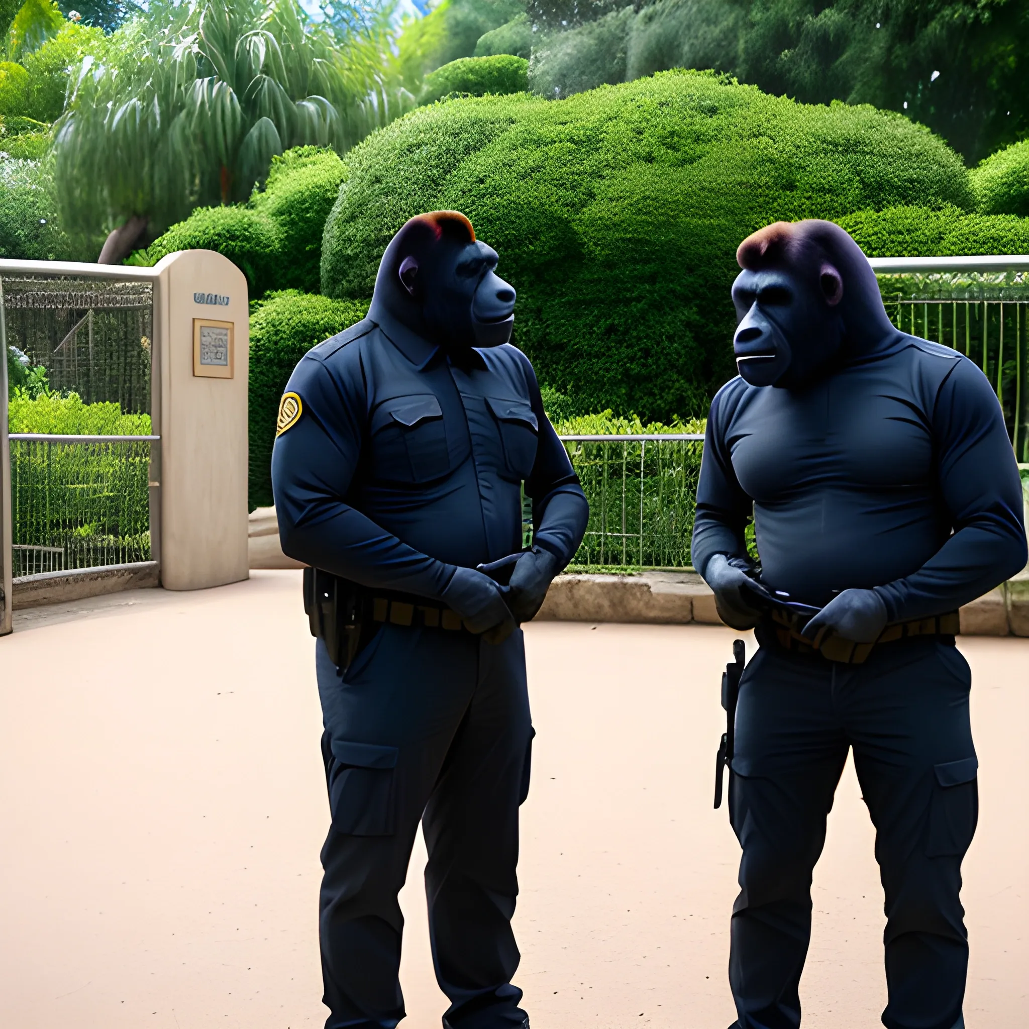 two security agents with gorilla face standing at ZOO garden entrance