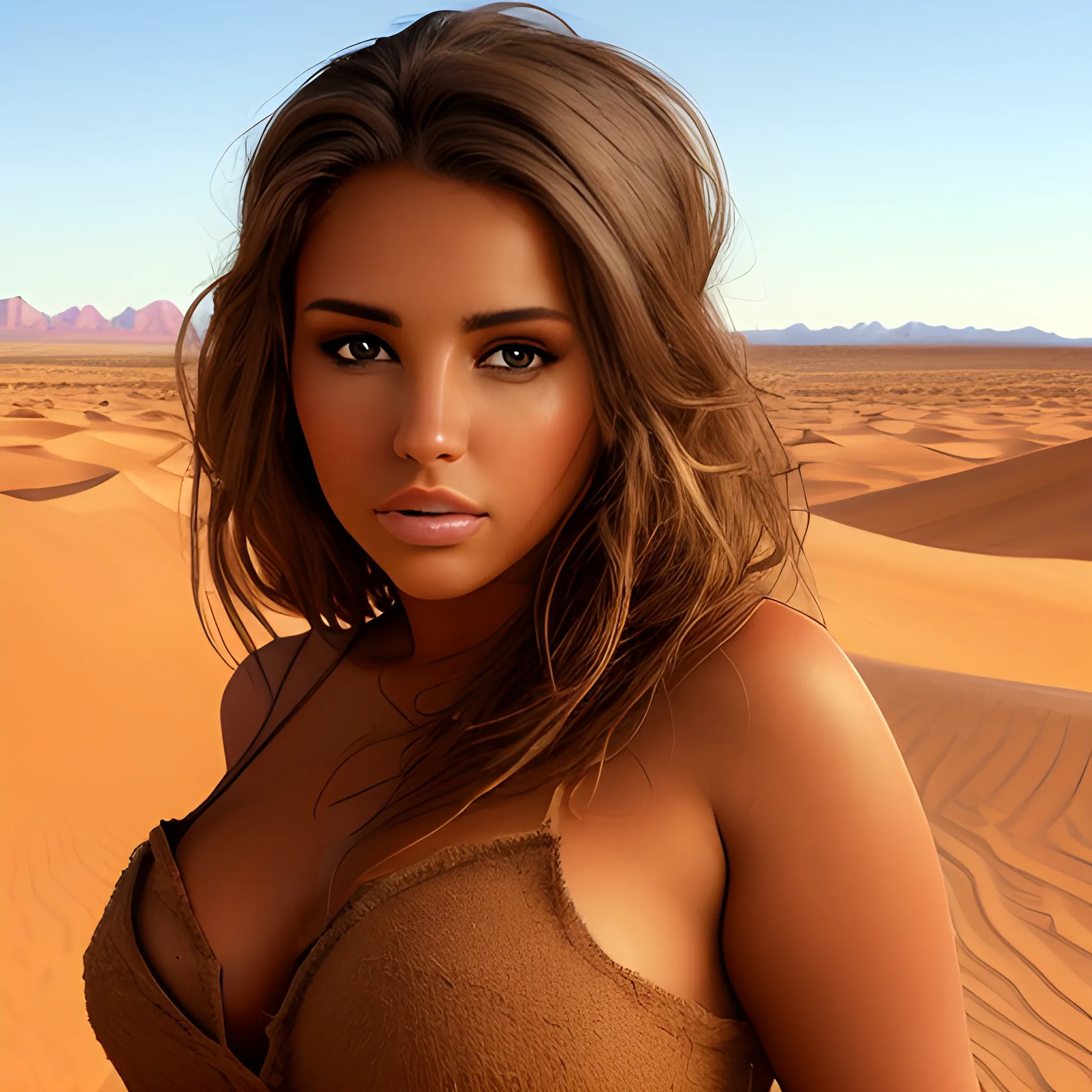 Beautiful woman with thick tan hair and dark brown eyes on a desert background, masterpiece, best quality, 3D, Cartoon