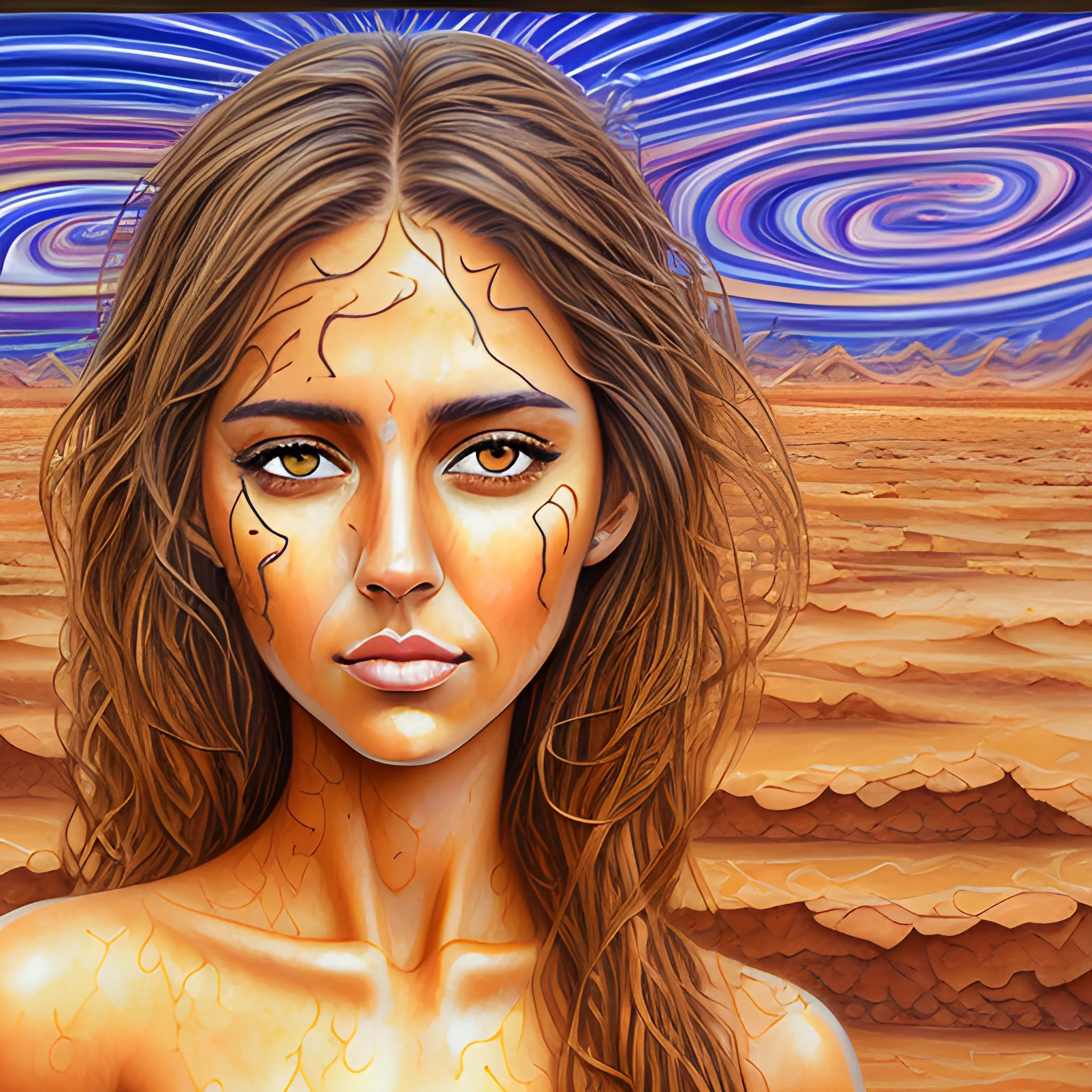 Beautiful woman with thick tan hair and dark brown eyes on a desert background, masterpiece, best quality, 3D, Cartoon, Trippy, Trippy, Oil Painting, Water Color, Pencil Sketch