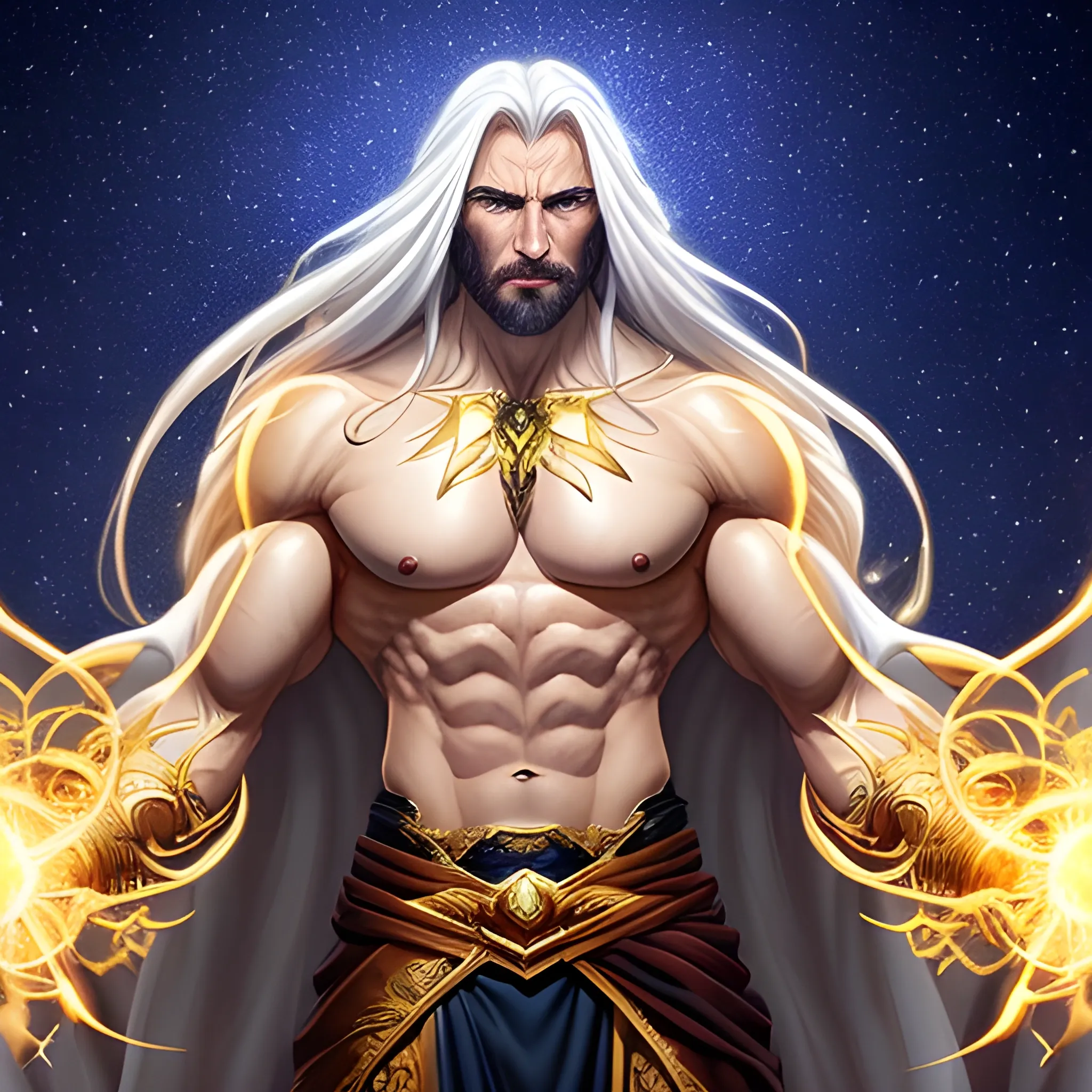 The invincible immortal is a very handsome young man with long white hair and shawl, floating in the space with his hands outstretched, bursting golden energy wrapped around his body, muscles perfectly carved, extremely ultra-high definition