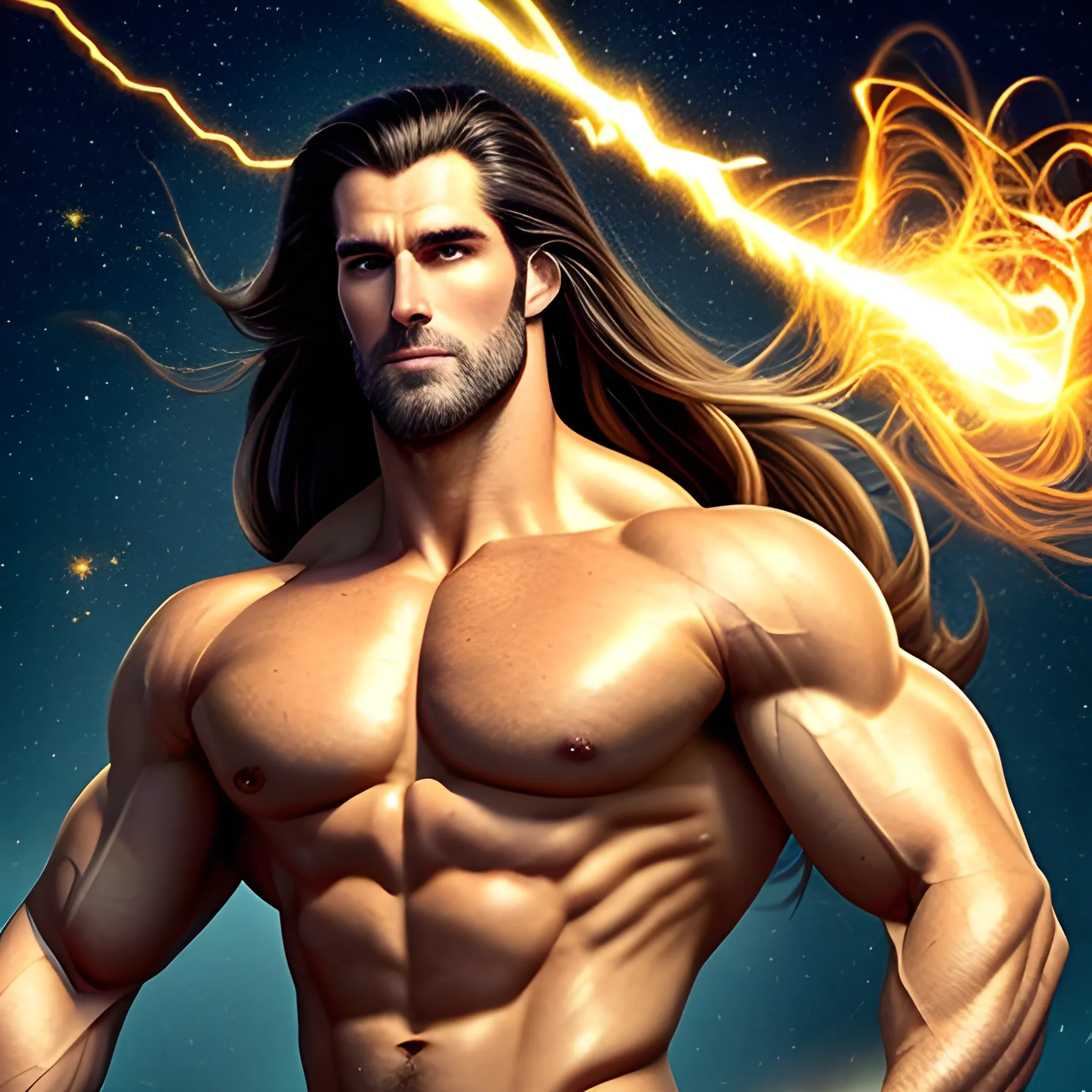 Invincible Immortal very handsome white long hair shapeless handsome young man no beard, hands outstretched floating in the space, burst of golden energy wrapped around the body, muscles perfectly carved, ultra high definition