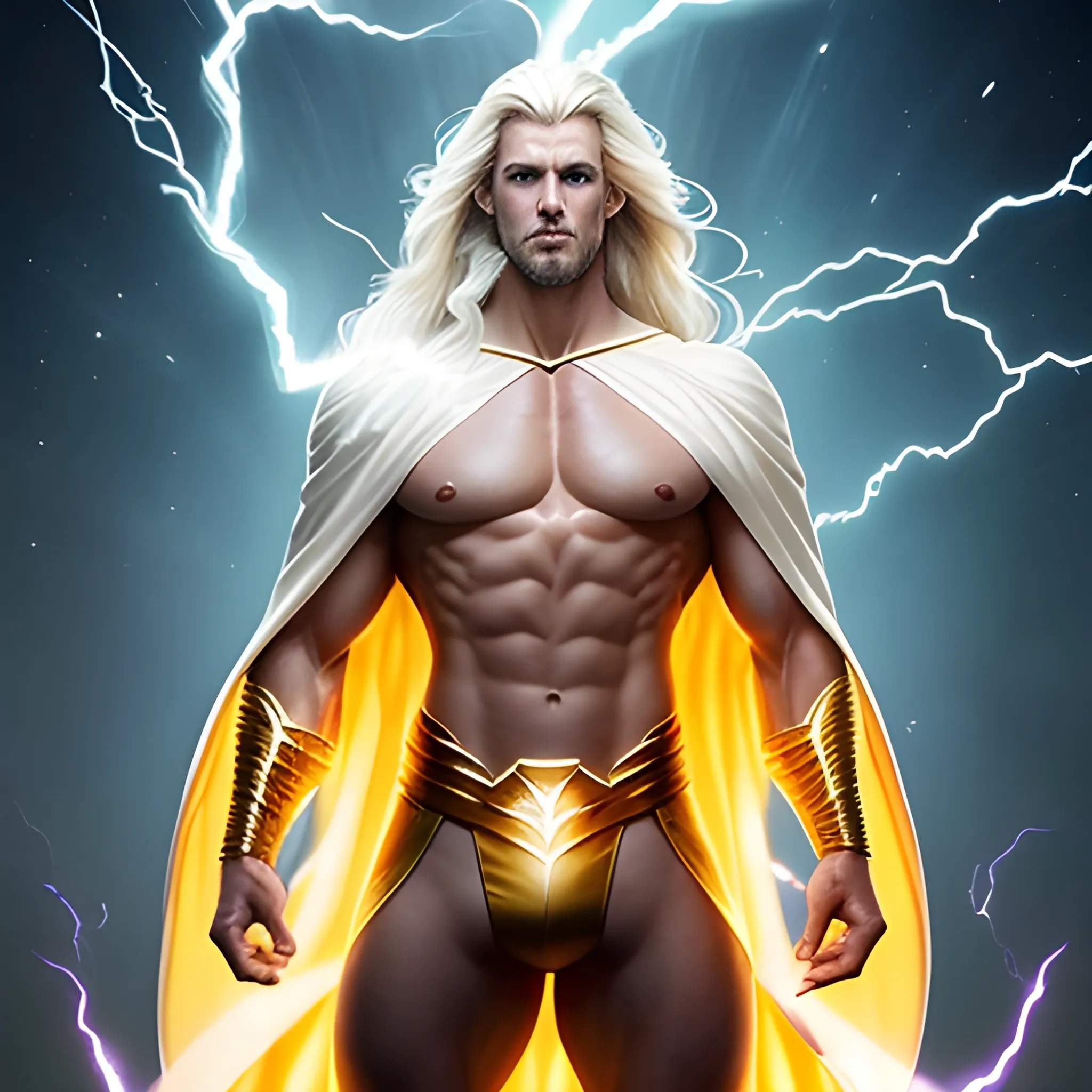 Invincible Immortal very handsome white long hair cape handsome handsome young man no beard, hands spread floating in the space, burst golden lightning energy wrapped around the body, muscles perfectly carved, ultra-high definition