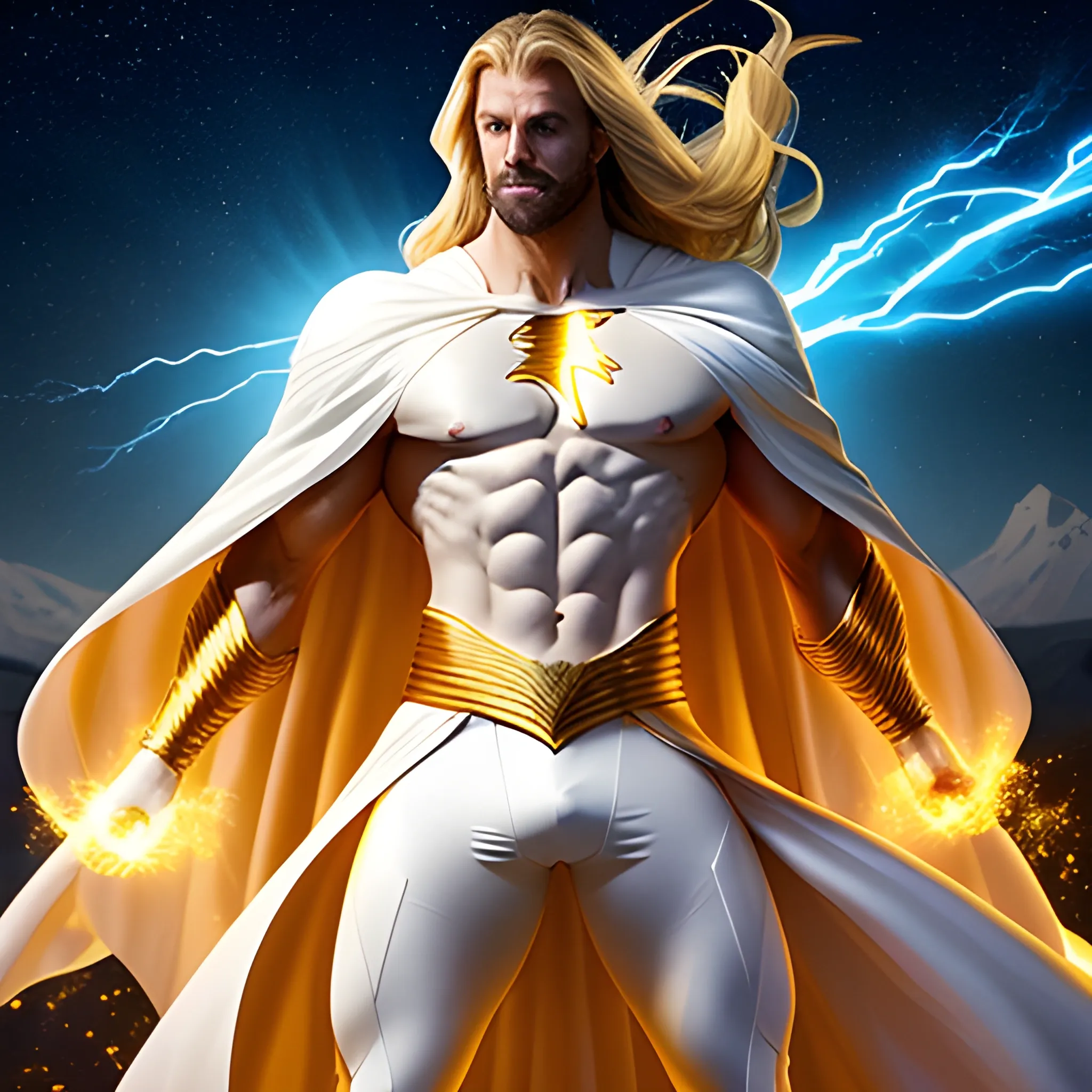 Invincible Immortal very handsome white long hair cape handsome handsome young man no beard, hands spread floating in the space, burst golden lightning energy wrapped around the body, muscles perfectly carved, ultra-high definition