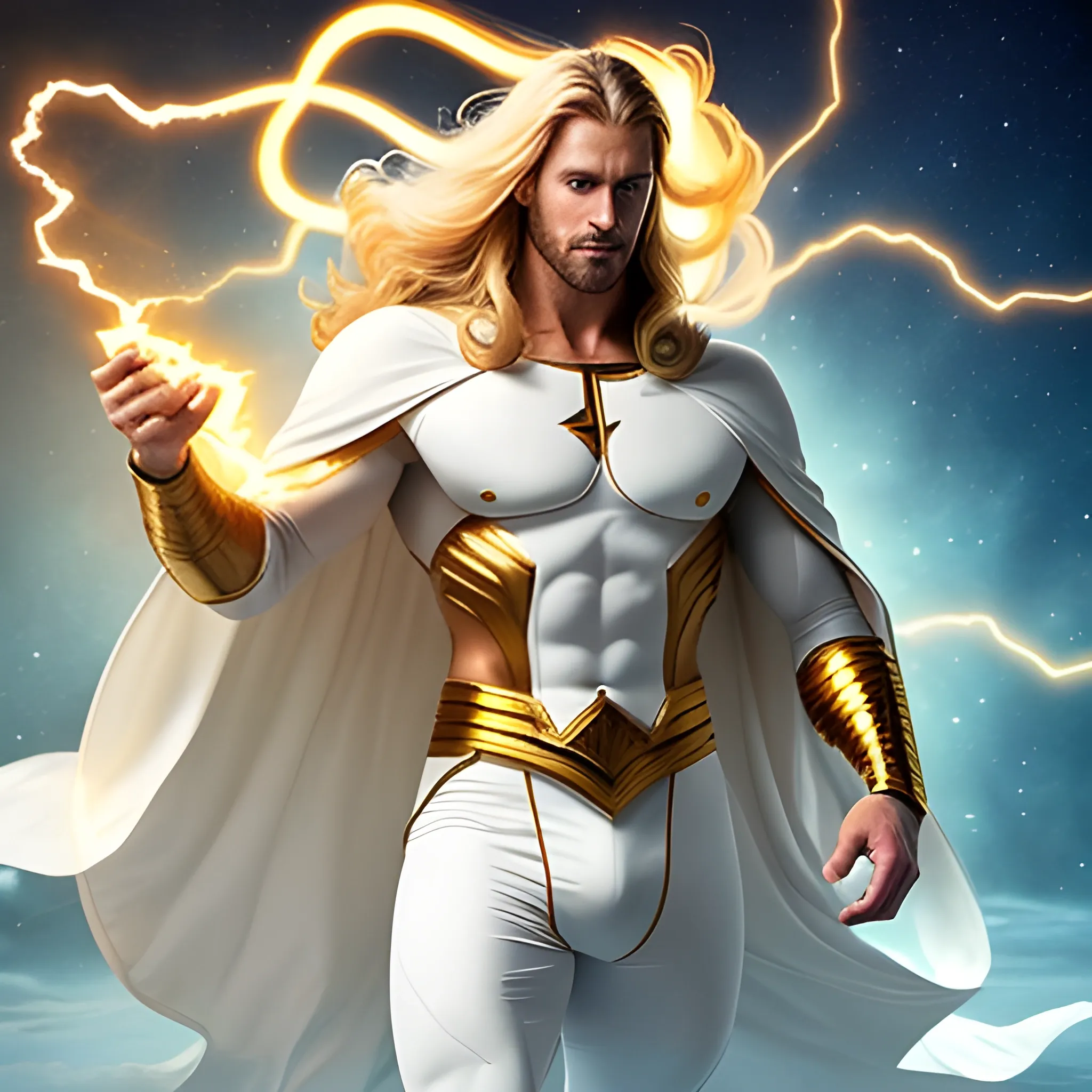 Invincible Immortal very handsome white long hair cape handsome handsome young man no beard, hands spread floating in the space, burst golden lightning energy wrapped around the body, muscles perfectly carved, ultra-high definition