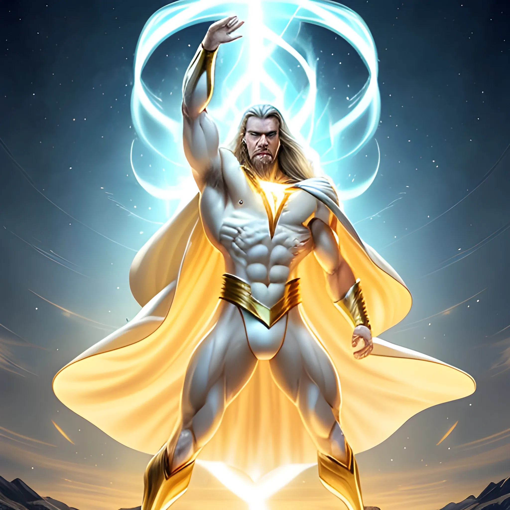 Invincible Immortal very handsome white long hair cape handsome handsome young man no beard, hands spread floating in the space, burst golden lightning energy wrapped around the body, muscles perfectly carved, ultra-high definition