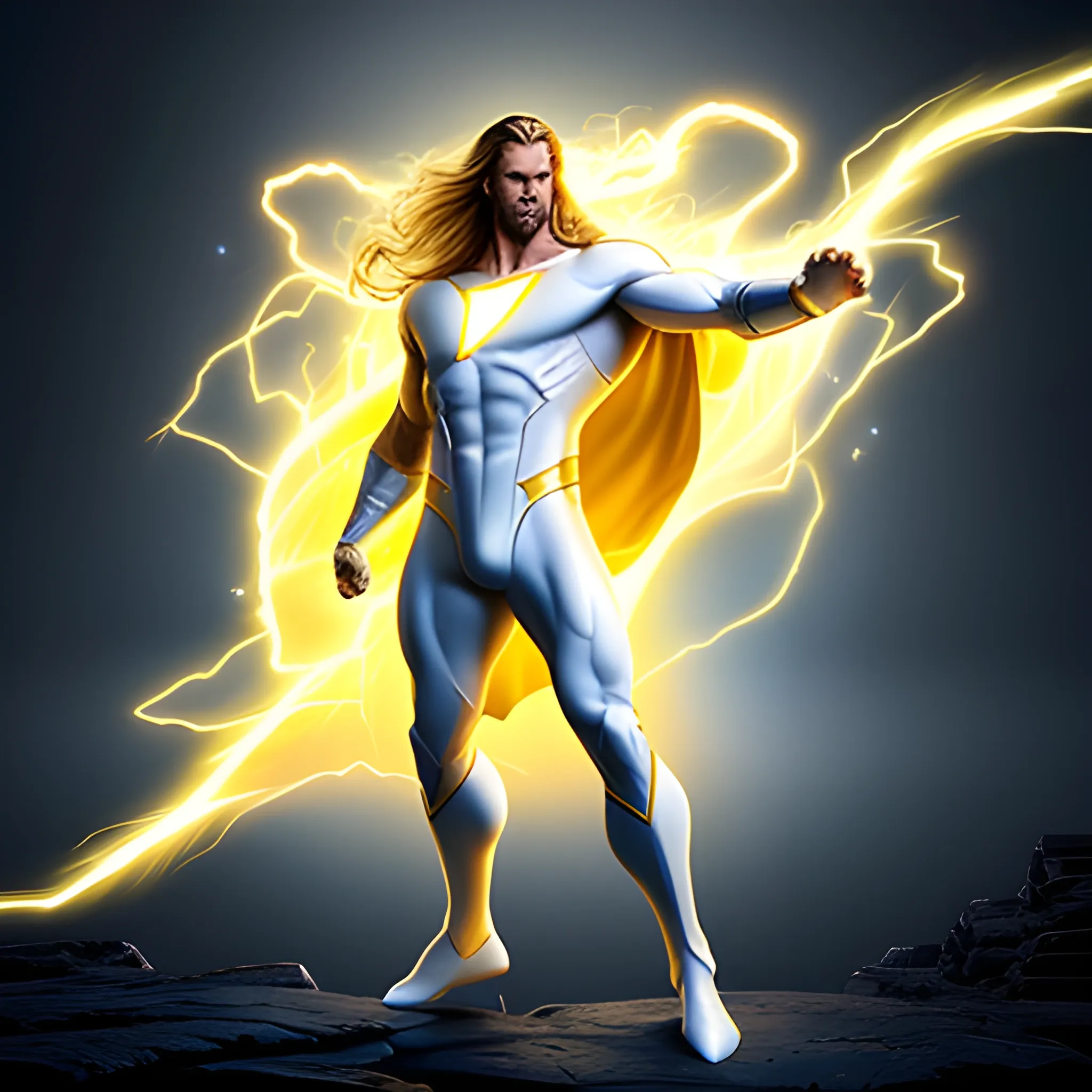 Invincible Immortal very handsome white long hair cape handsome handsome young man no beard, hands spread floating in the space, burst golden lightning energy wrapped around the body, muscles perfectly carved, ultra-high definition